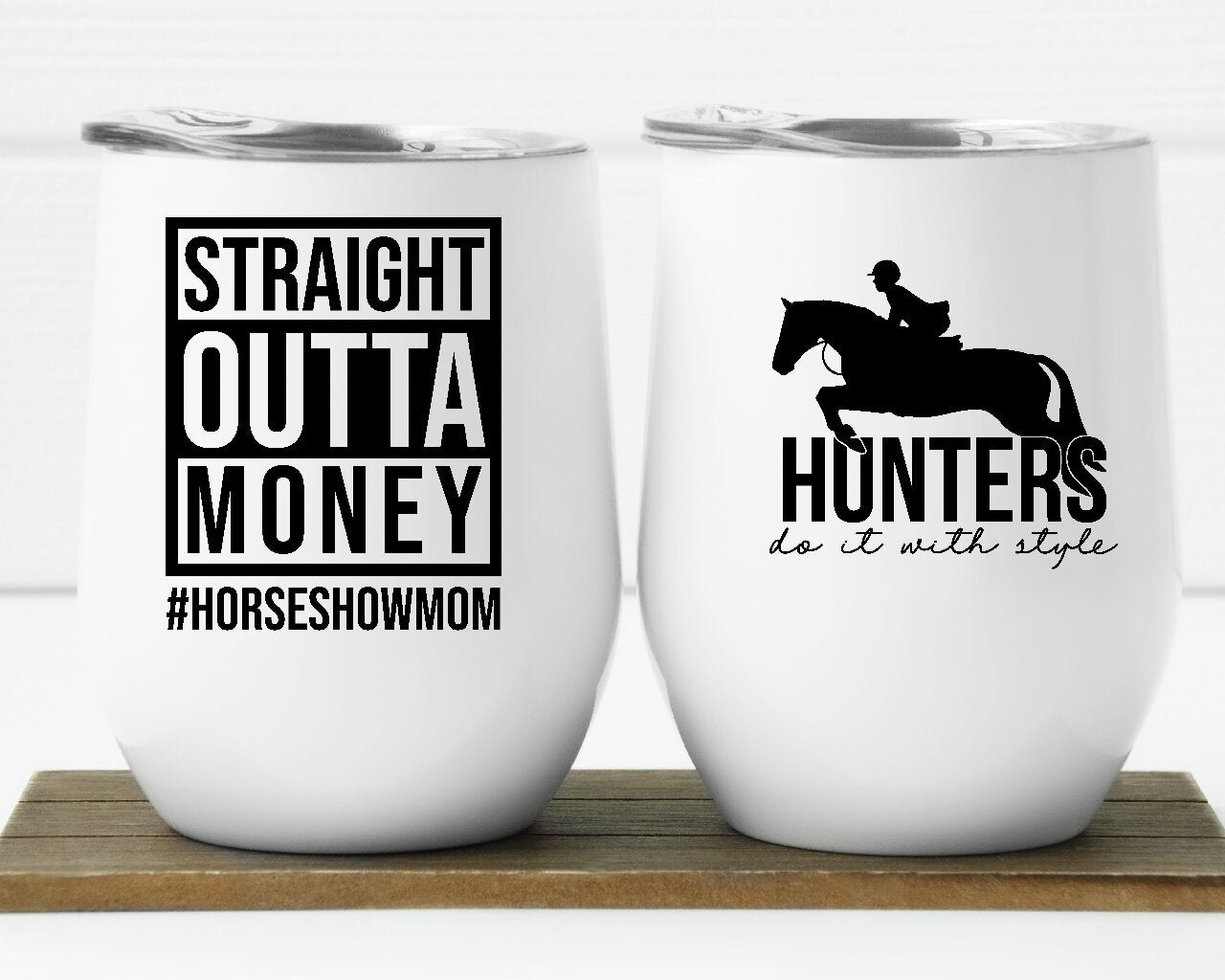 12oz Equestrian Double Walled, Stainless Steel Wine Tumblers, with Lid, Metal Straw and Brush.