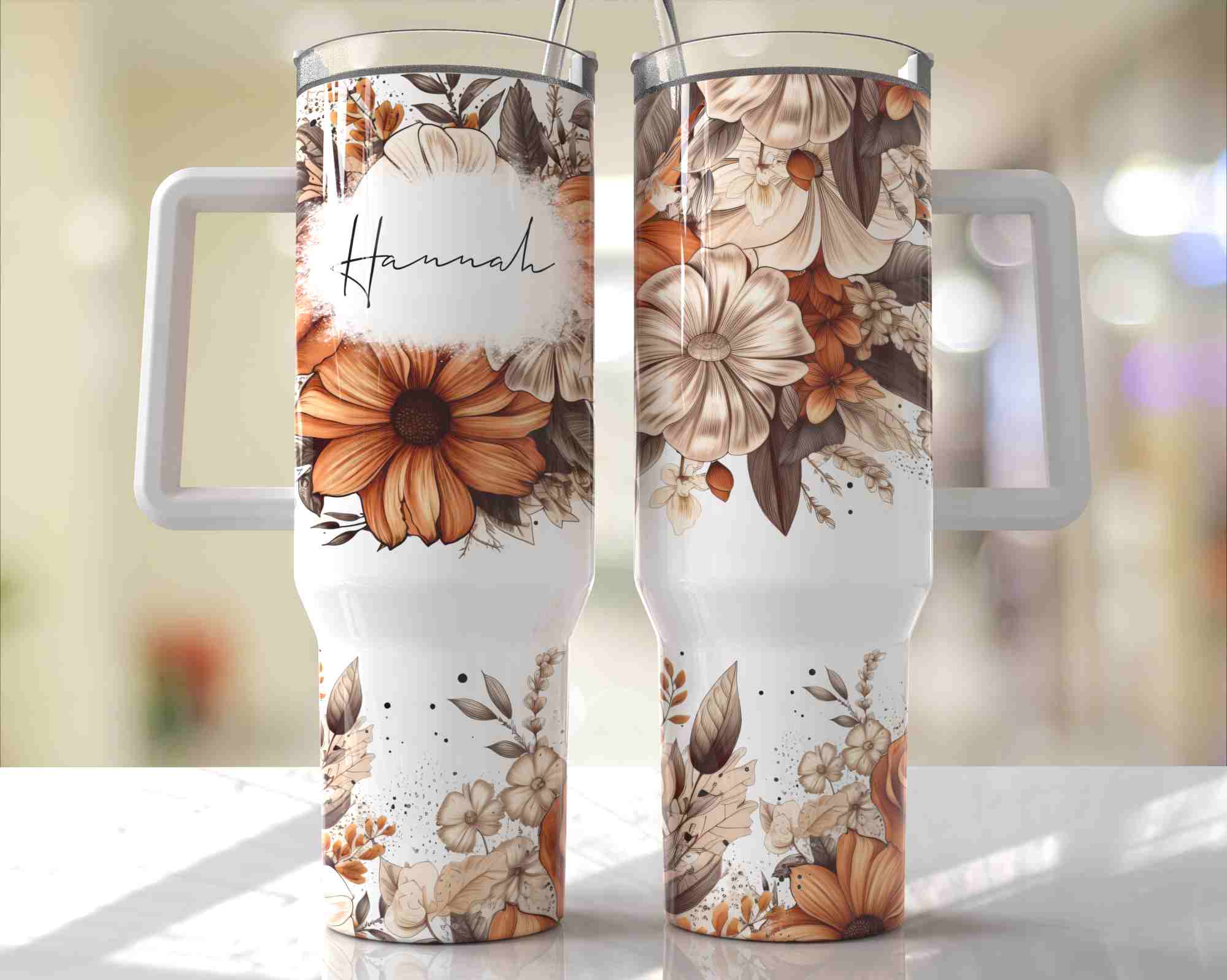 Boho Floral Design Personalized with Name - 40oz Double Insulated Travel Mug with Handle