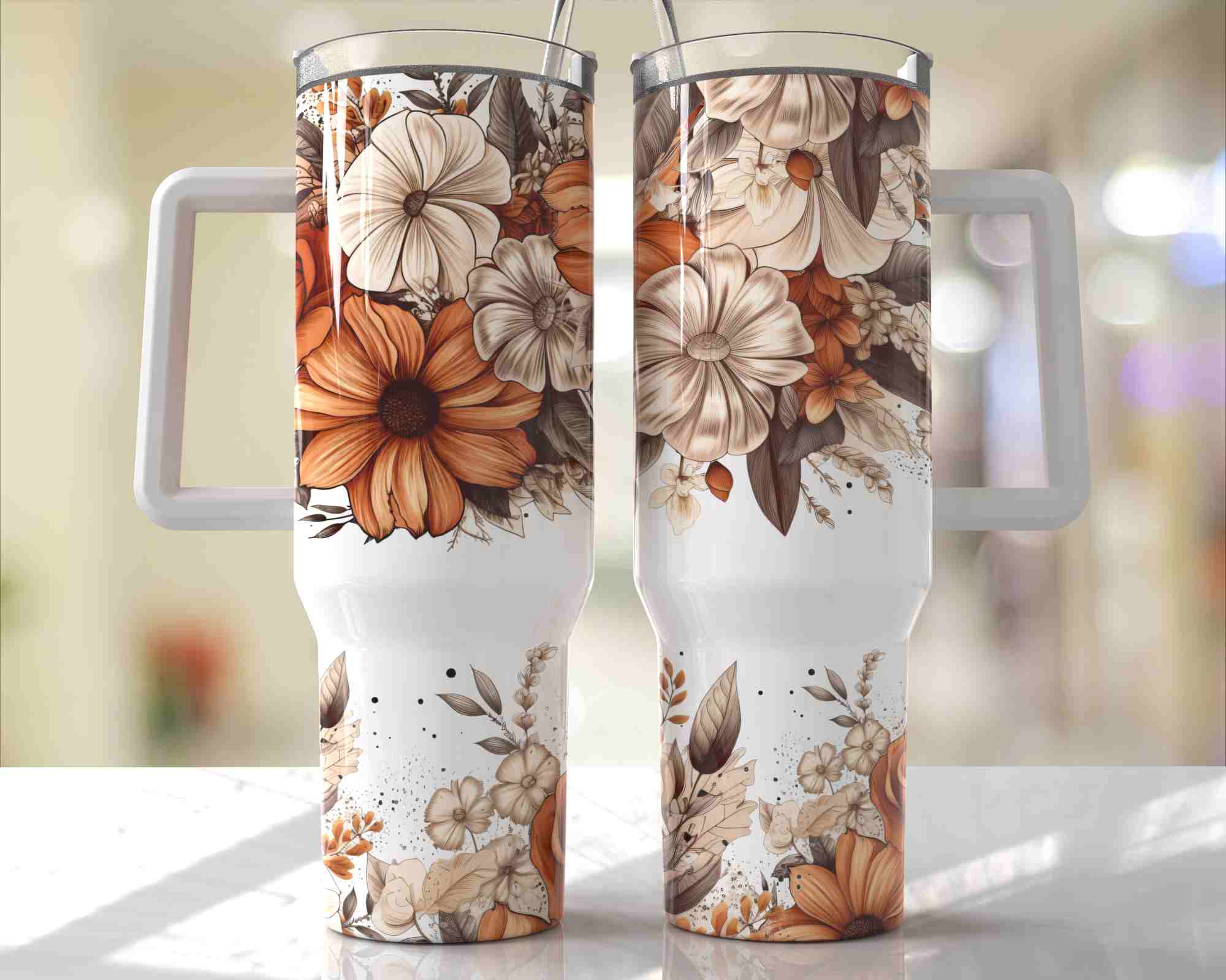 Boho Floral Design - 40oz Double Insulated Travel Mug with Handle