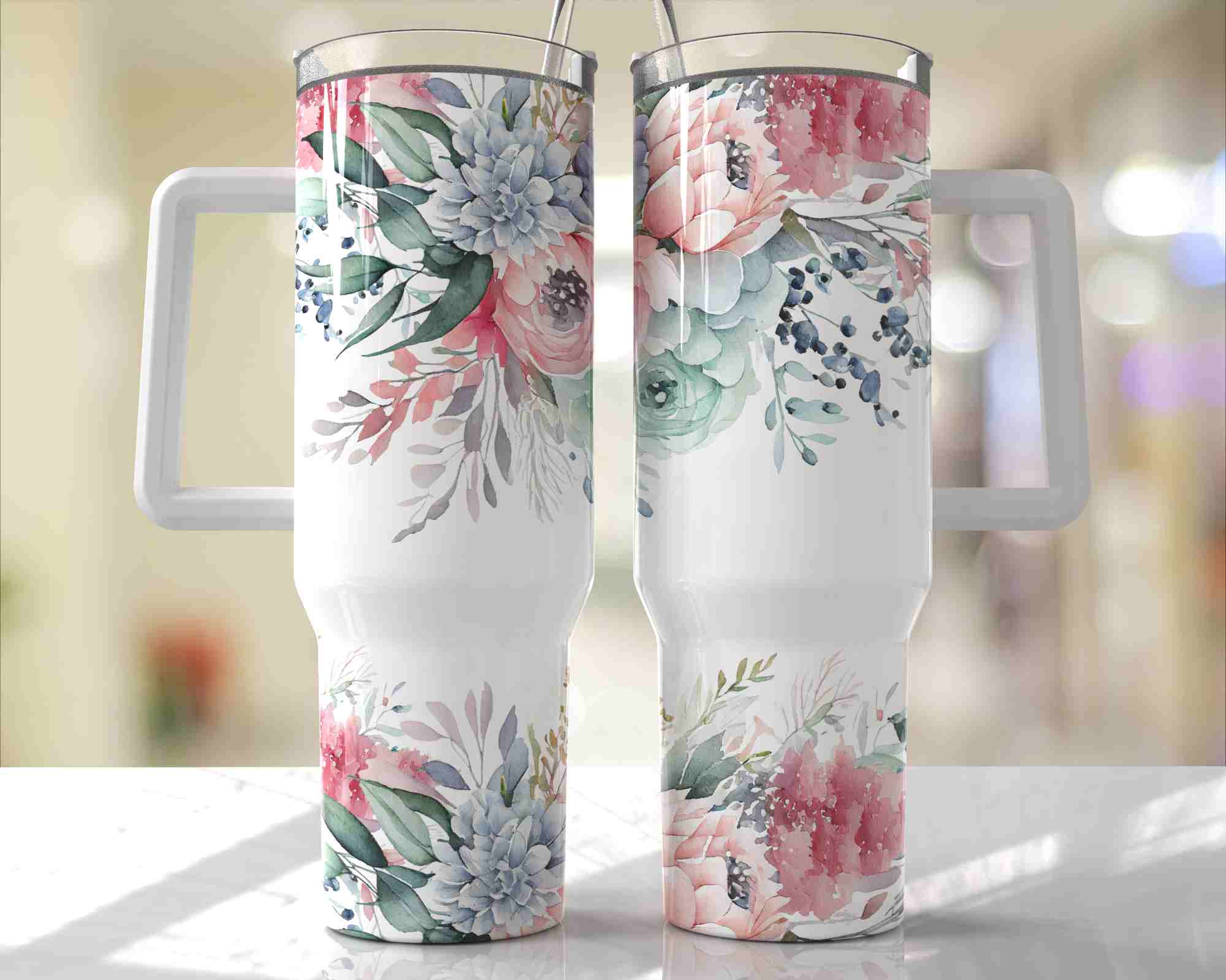 Pastel Floral Design - 40oz Double Insulated Travel Mug with Handle