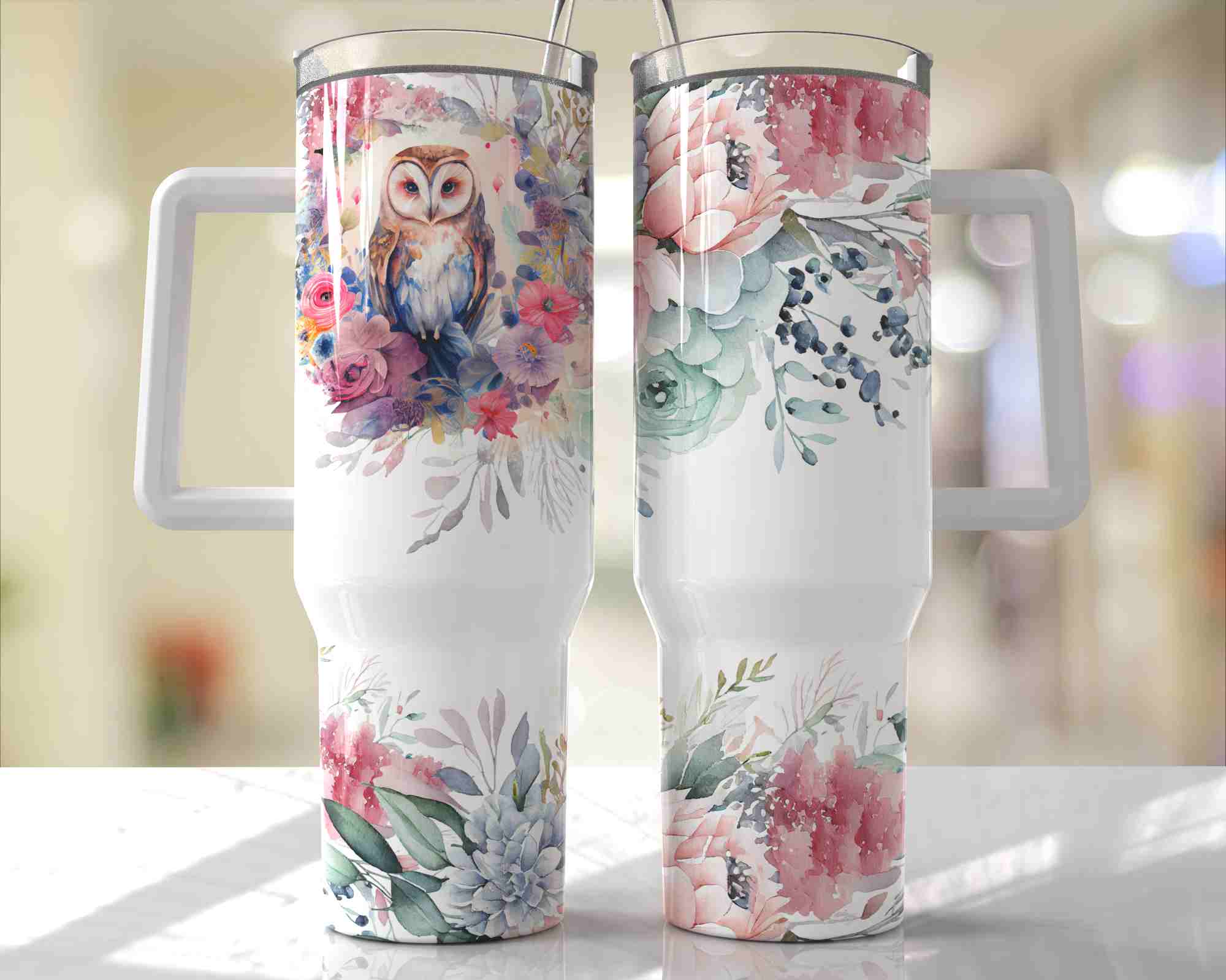 Owl Pastel Floral Design - 40oz Double Insulated Travel Mug with Handle