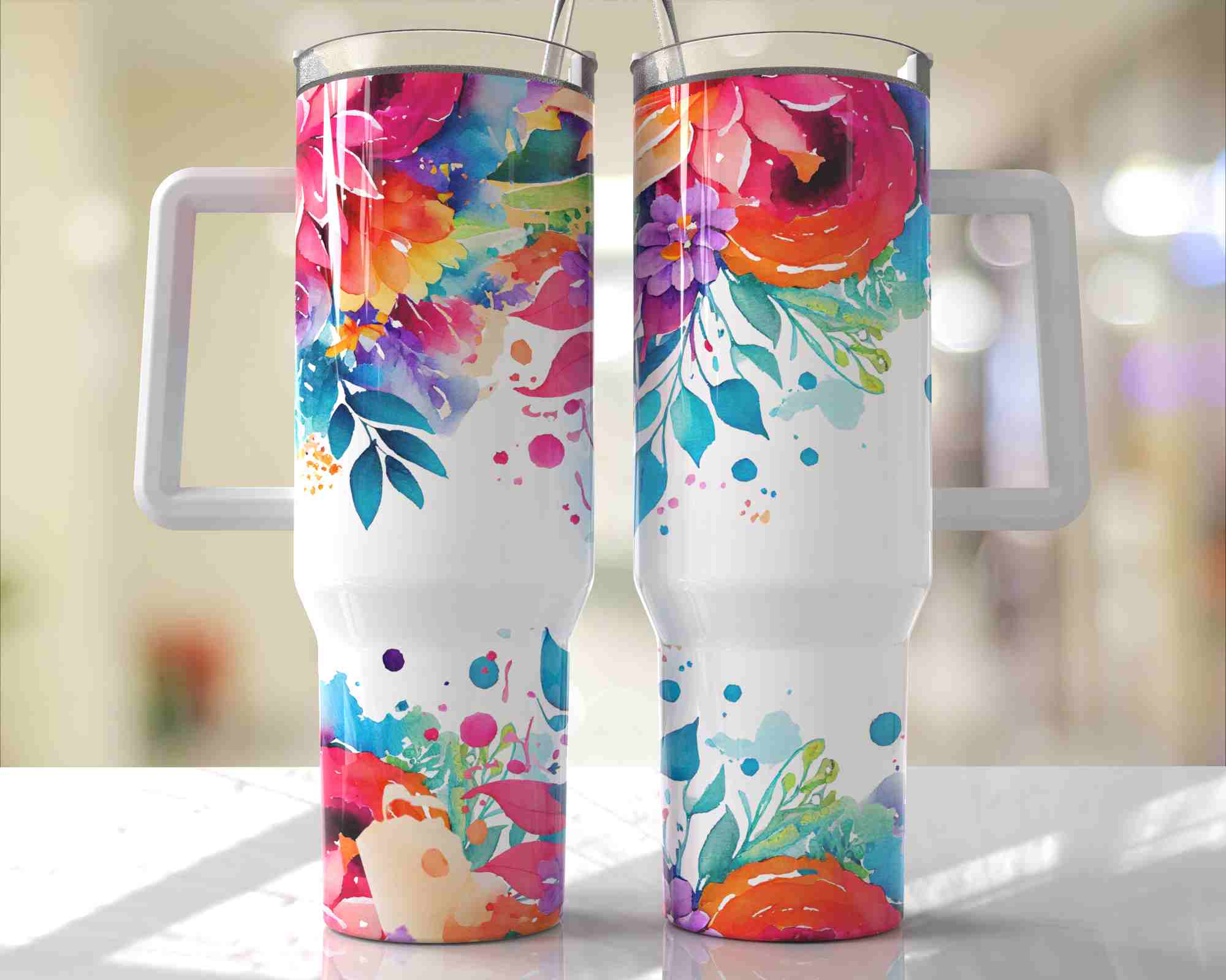 Bright Floral Design - 40oz Double Insulated Travel Mug with Handle