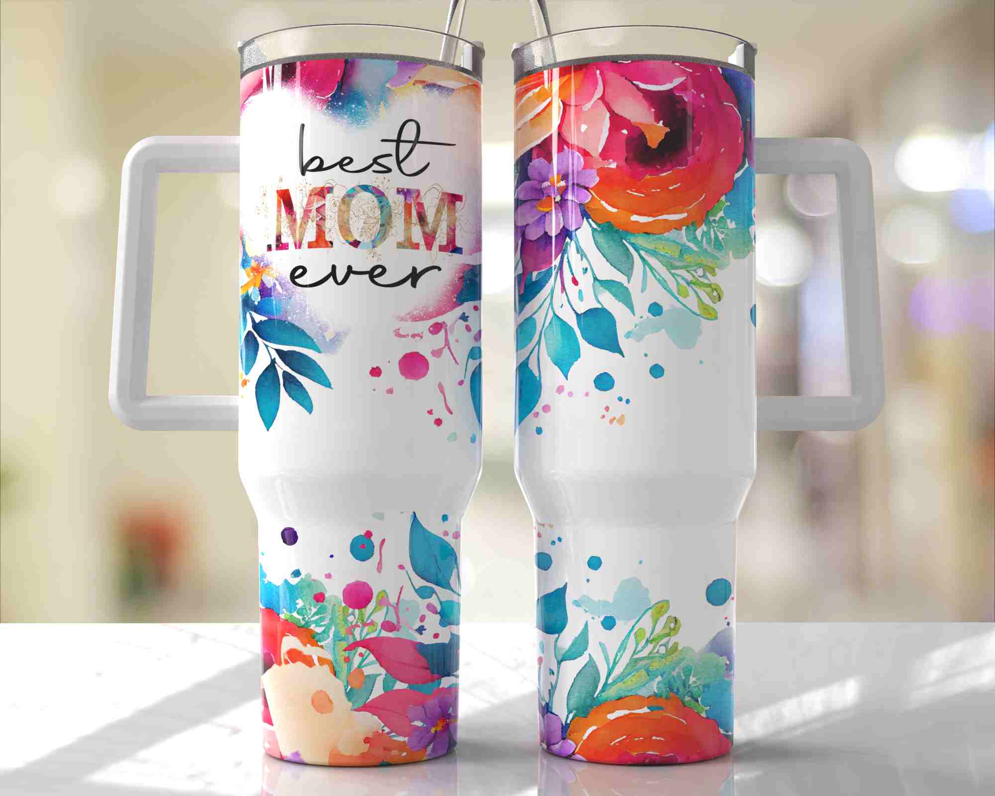 Best Mom Ever Bright Floral Design - 40oz Double Insulated Travel Mug with Handle