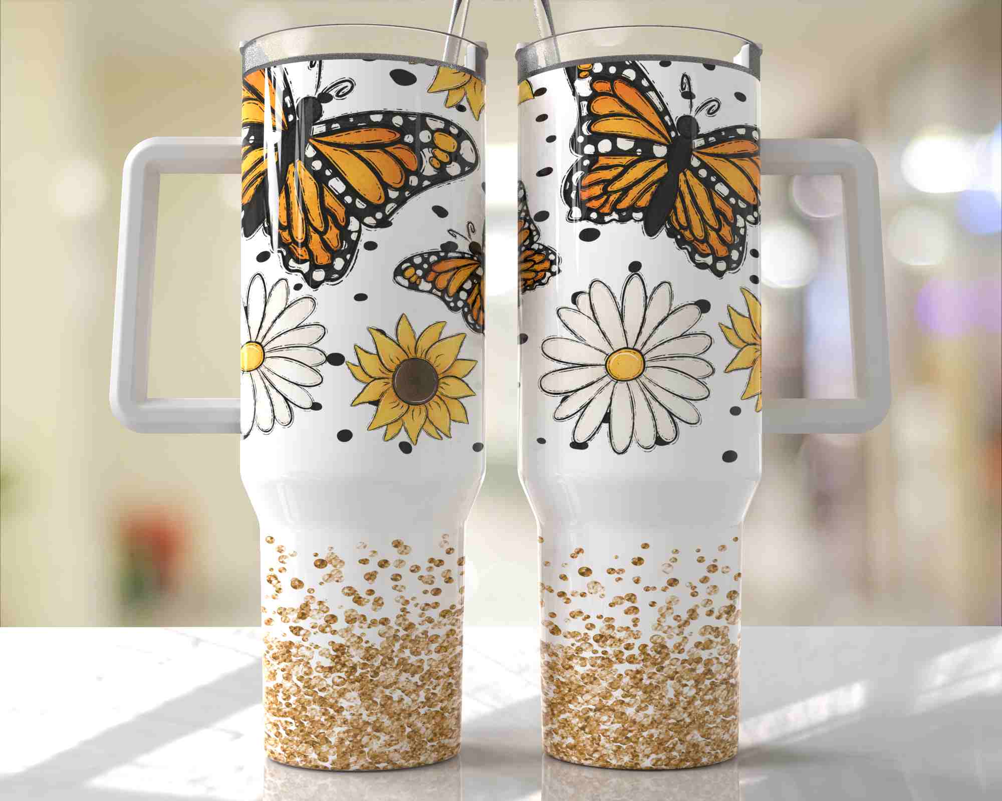 Butterflies & Daisies Design - 40oz Double Insulated Travel Mug with Handle