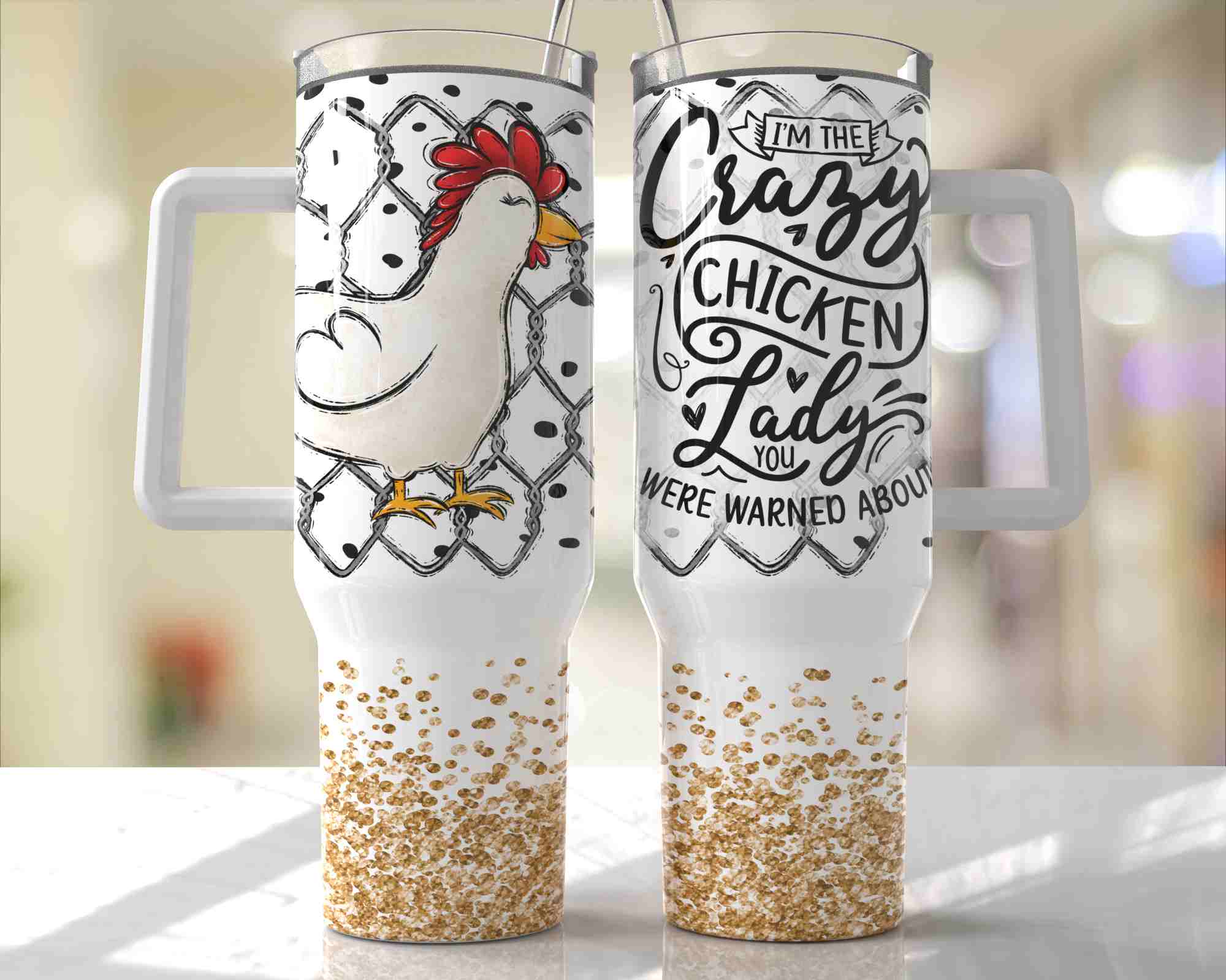 Crazy Chicken Lady Design - 40oz Double Insulated Travel Mug with Handle