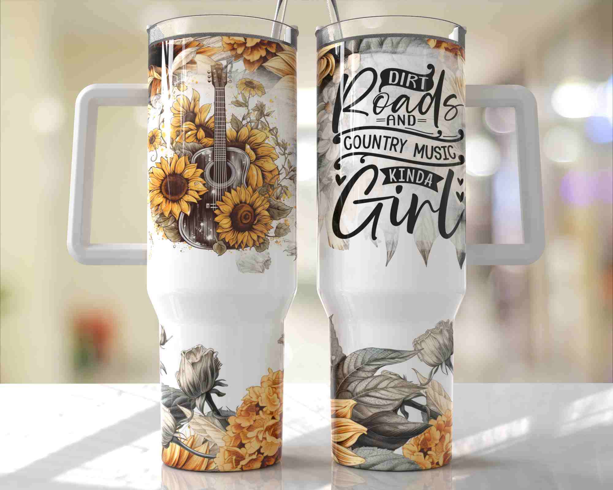 Dirt Roads & Country Music Kinda Girl Sunflower Design - 40oz Double Insulated Travel Mug with Handle