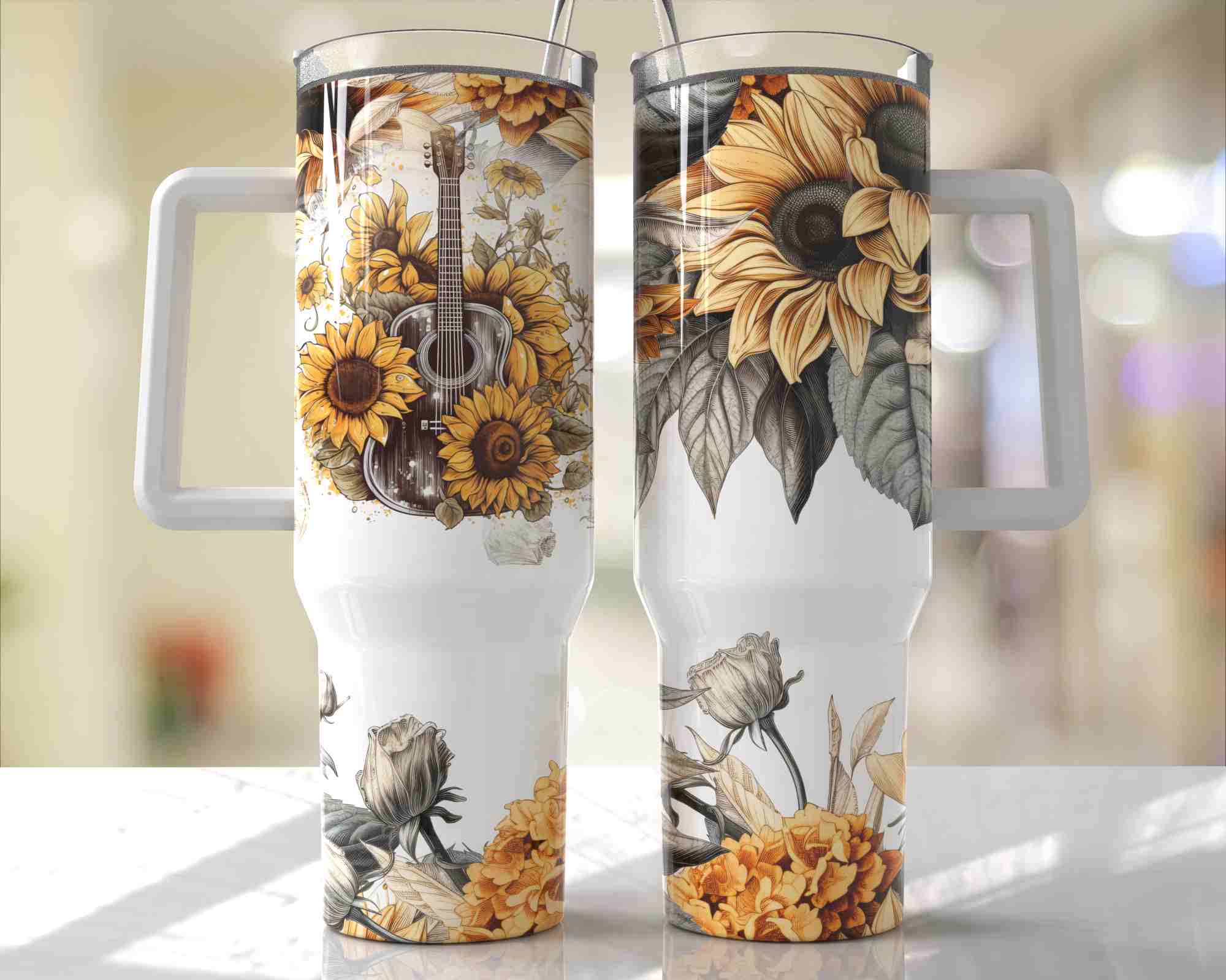 Country Music & Sunflowers Design - 40oz Double Insulated Travel Mug with Handle