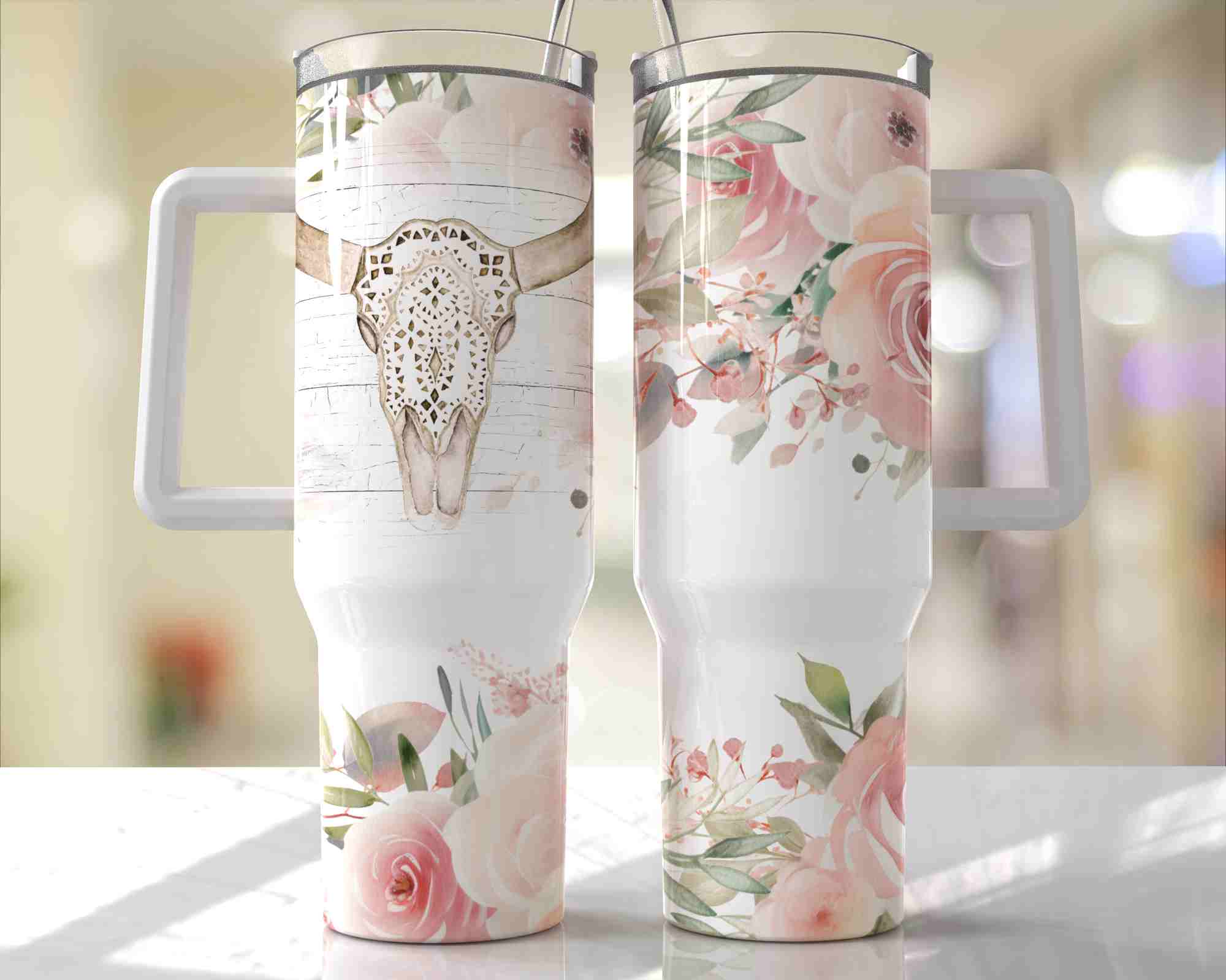 Bull Skull Floral Design - 40oz Double Insulated Travel Mug with Handle