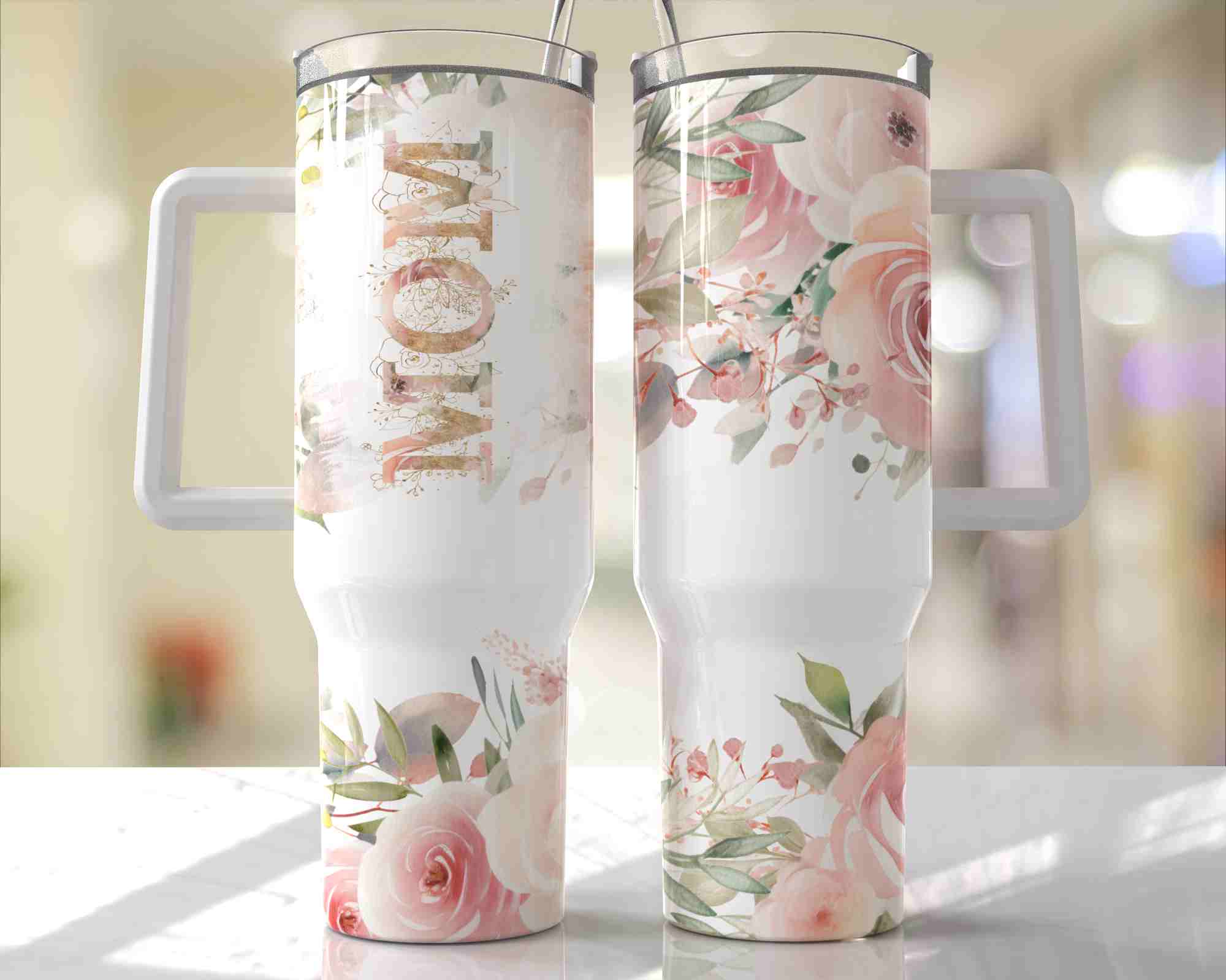 Mom Floral Design - 40oz Double Insulated Travel Mug with Handle