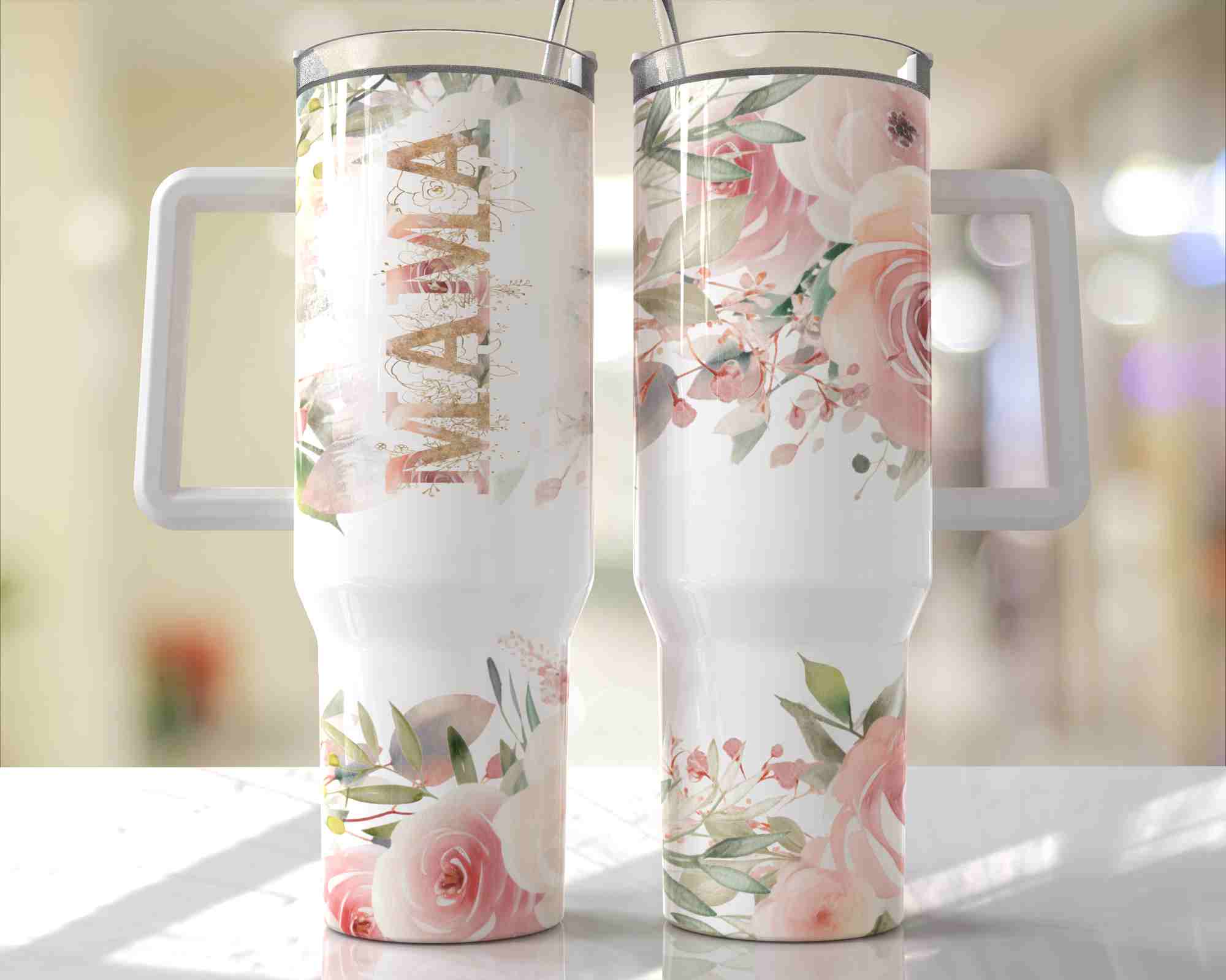 Mama Floral Design - 40oz Double Insulated Travel Mug with Handle