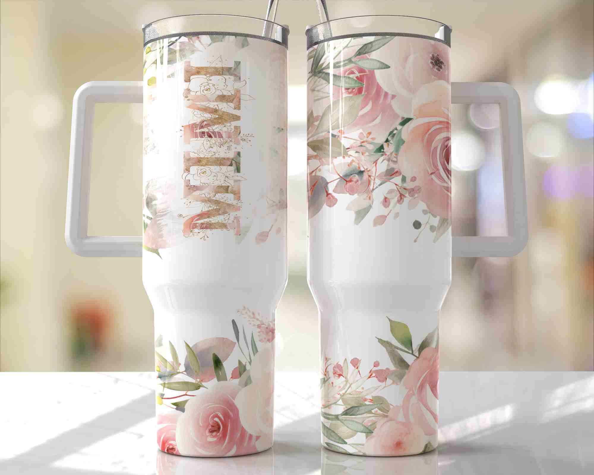 Mimi Floral Design - 40oz Double Insulated Travel Mug with Handle