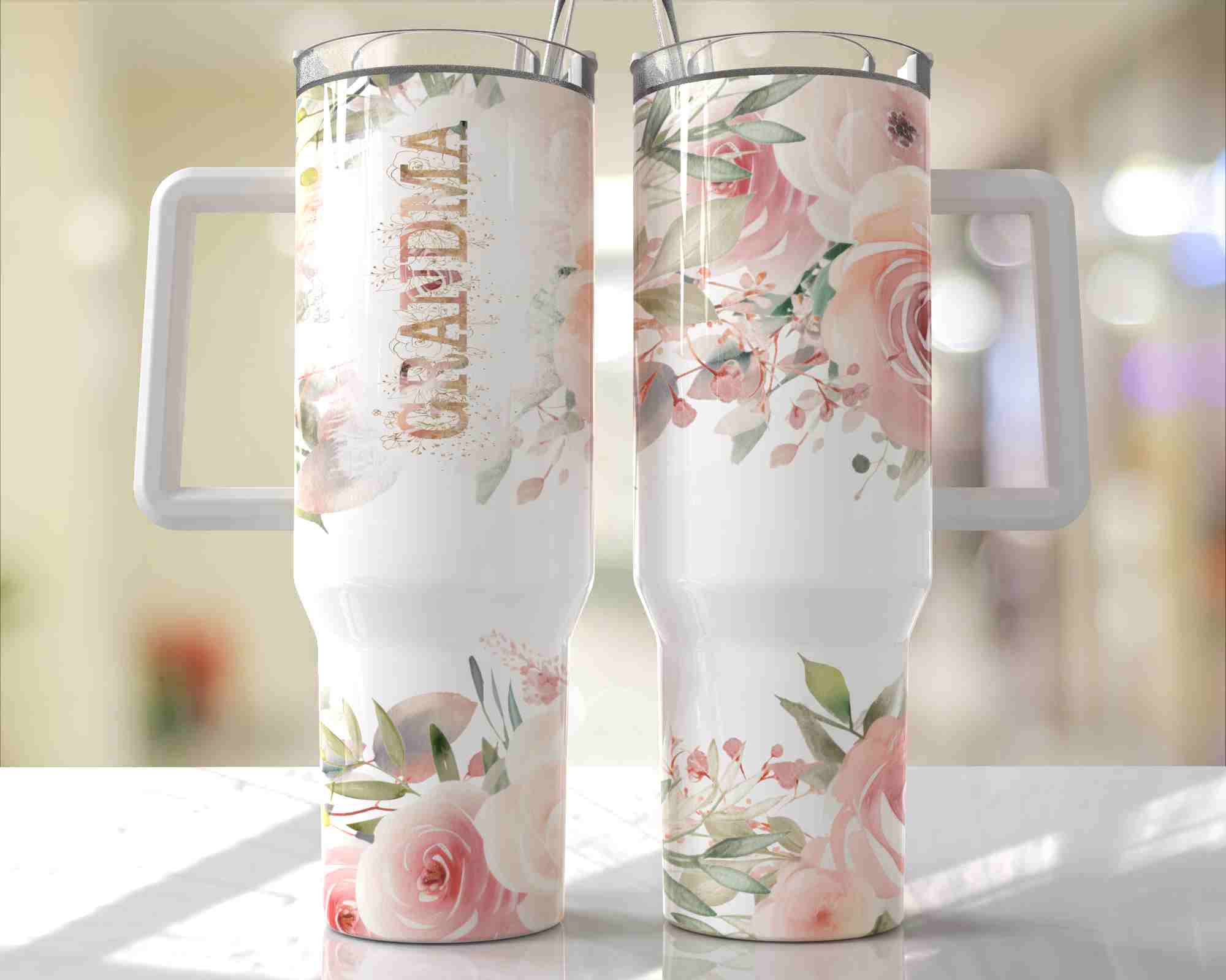 Grandma Floral Design - 40oz Double Insulated Travel Mug with Handle