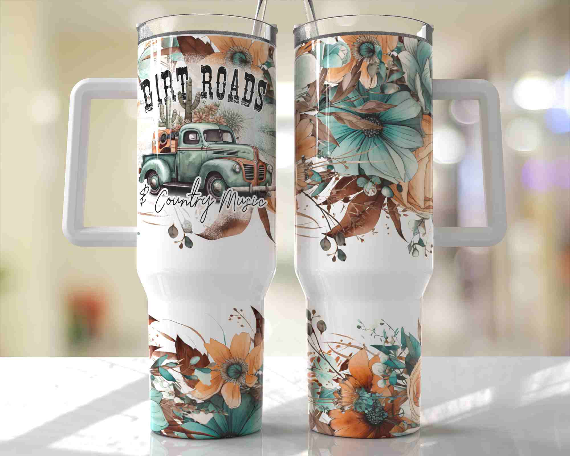 Dirt Roads & Country Music Backcountry Truck Design - 40oz Double Insulated Travel Mug with Handle