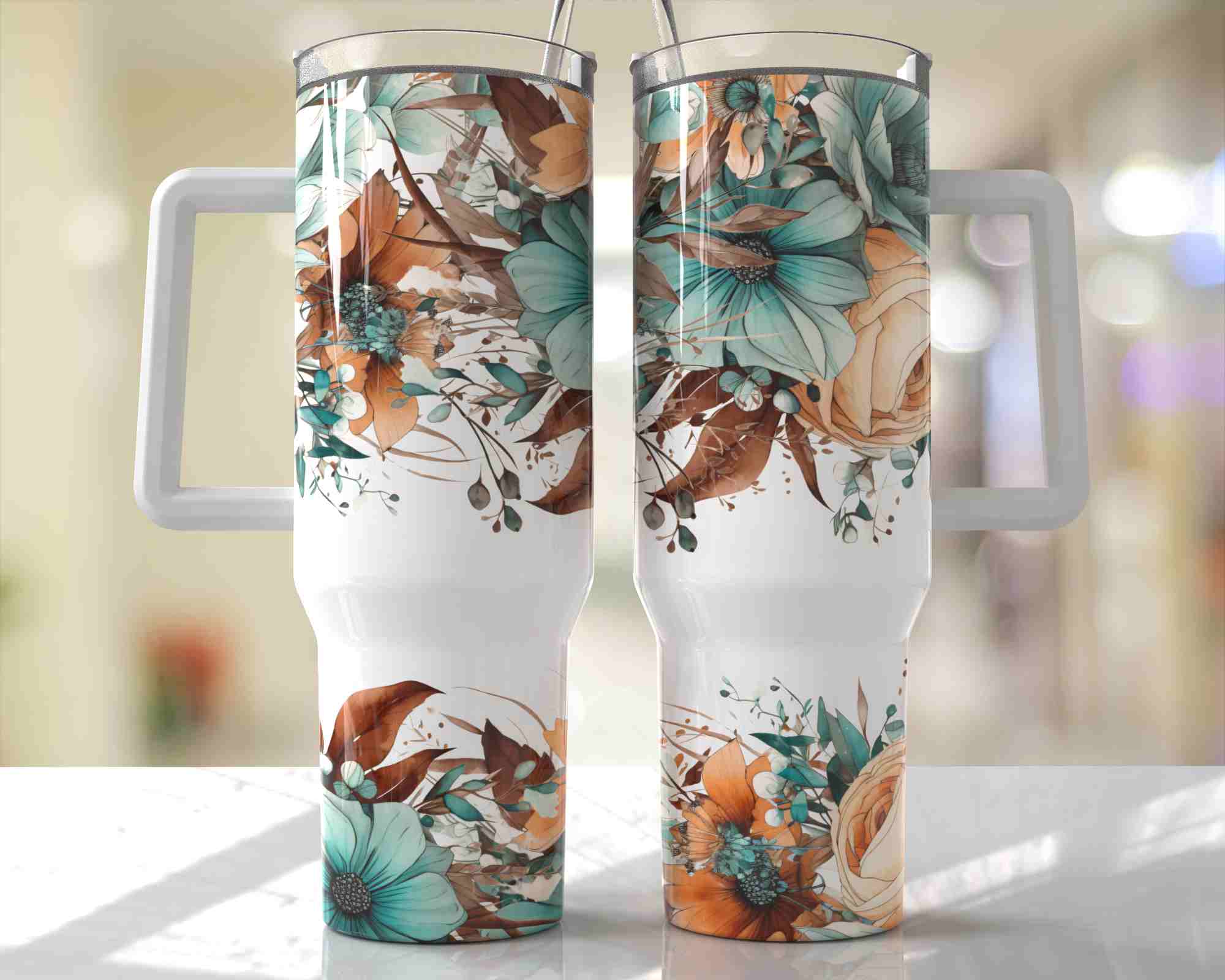 Sepia Floral Design - 40oz Double Insulated Travel Mug with Handle