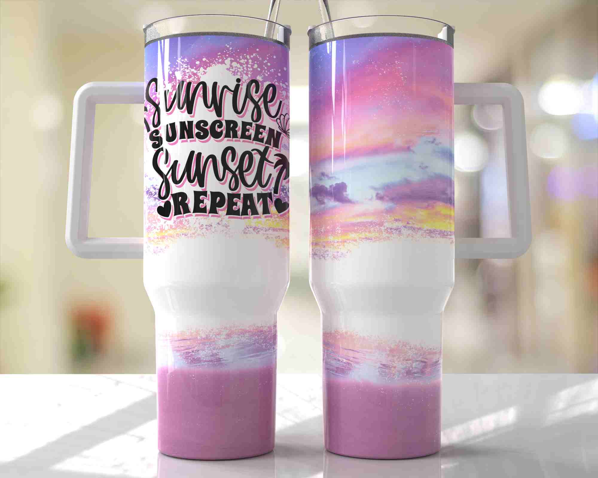 Sunrise, Sunscreen, Sunset, Repeat - 40oz Double Insulated Travel Mug with Handle