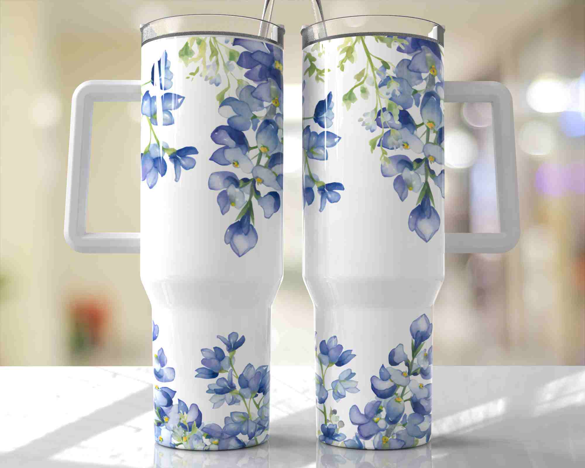 Small Blue Floral Design - 40oz Double Insulated Travel Mug with Handle