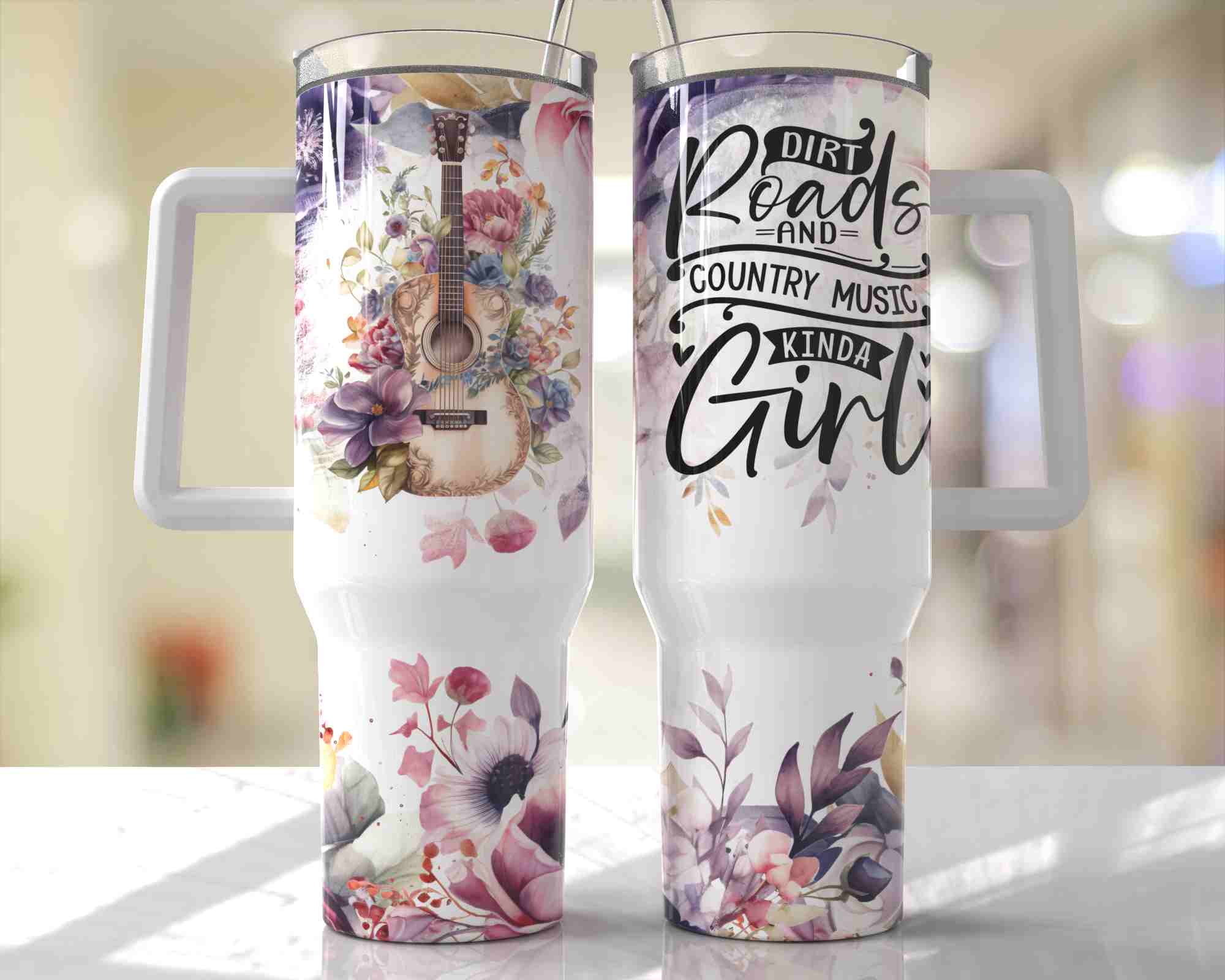 Dirt Roads & Country Music Kinda Girl Lilac Design - 40oz Double Insulated Travel Mug with Handle