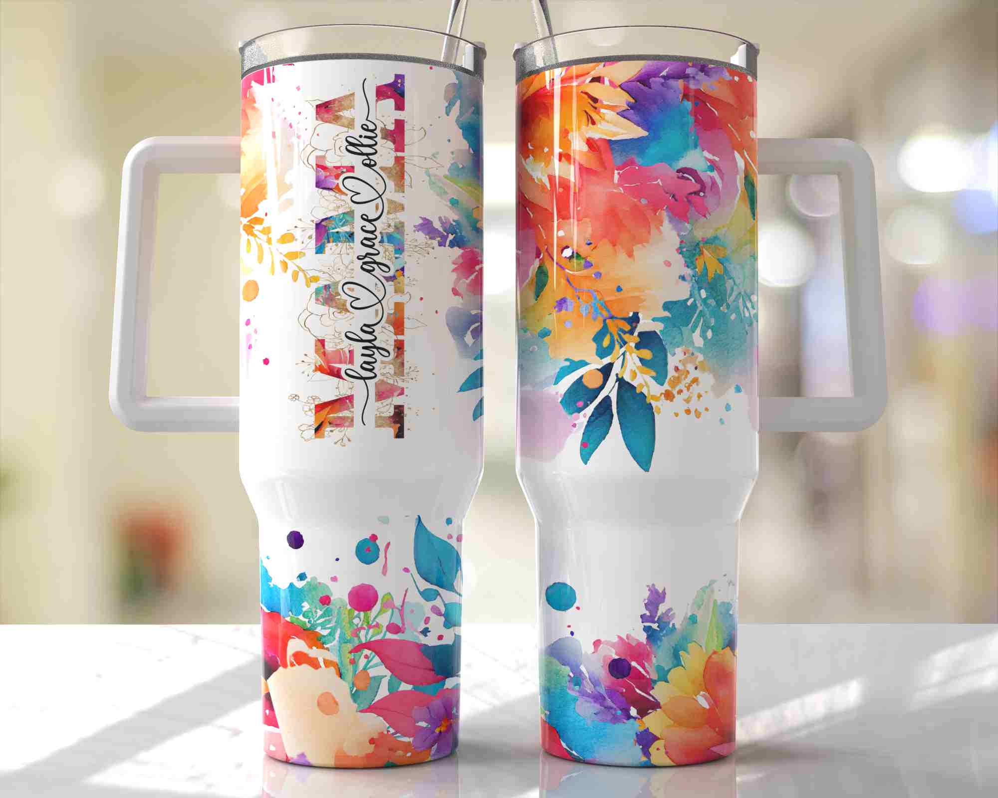 Mama Vivid Floral Design Personalized with Children's Name/s - 40oz Double Insulated Travel Mug with Handle