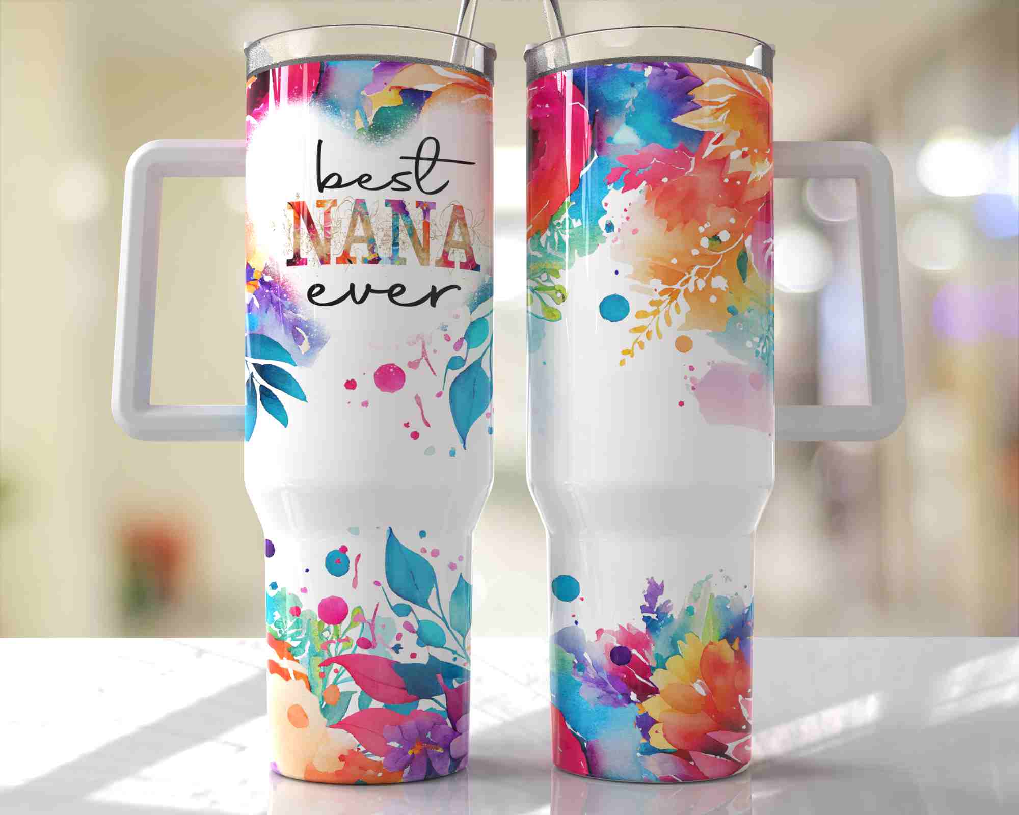 Best Nana Ever Bright Floral Design - 40oz Double Insulated Travel Mug with Handle