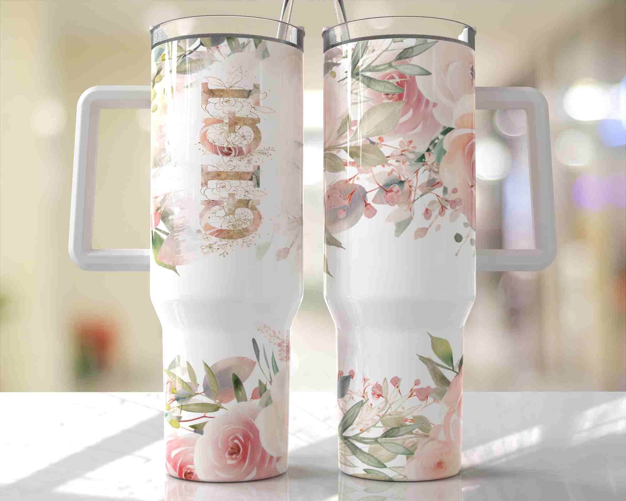 Gigi Floral Design - 40oz Double Insulated Travel Mug with Handle