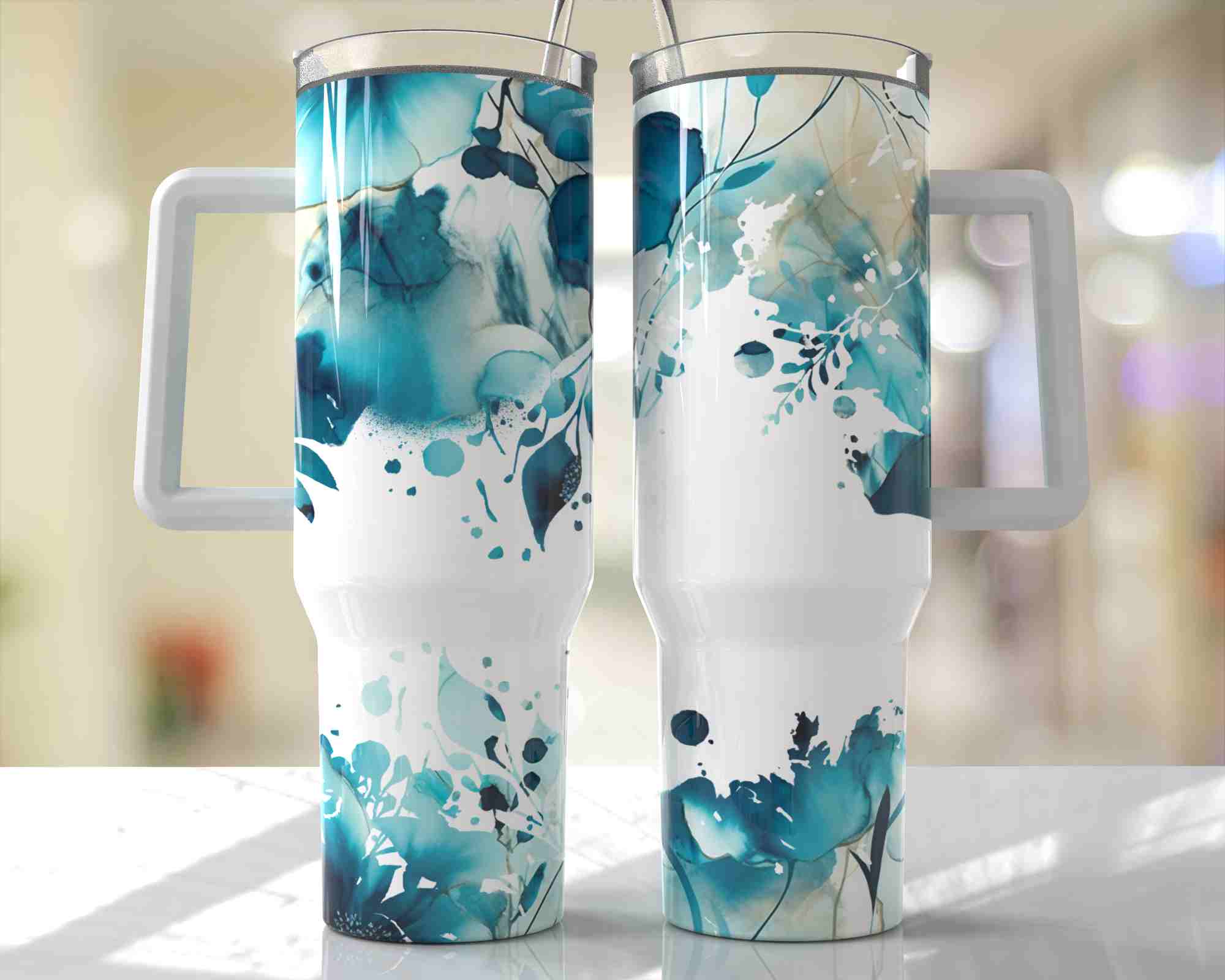 Bright Aqua Floral Design - 40oz Double Insulated Travel Mug with Handle