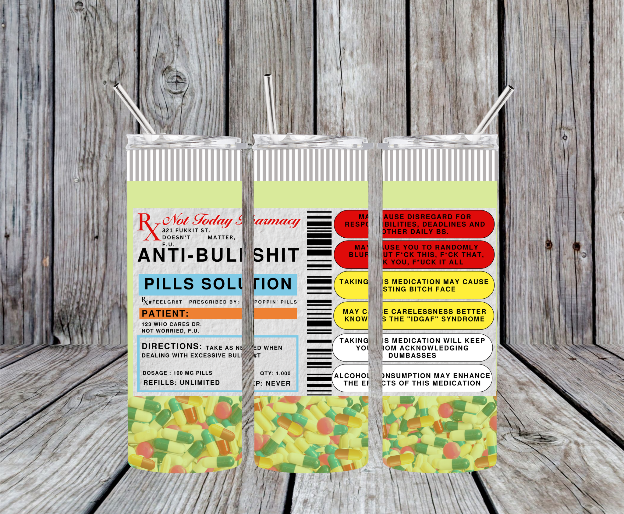 ANTI-BULLSHIT RX PILLS - 20oz Skinny Tumbler (PERSONALIZED WITH NAME)