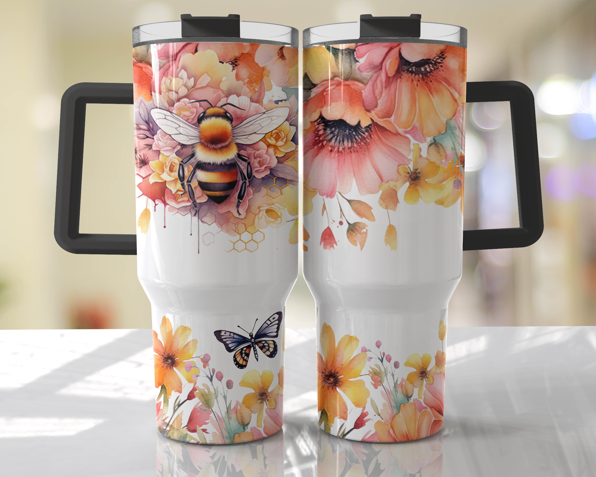 Bee Design - 40oz Double Insulated Travel Mug with Handle