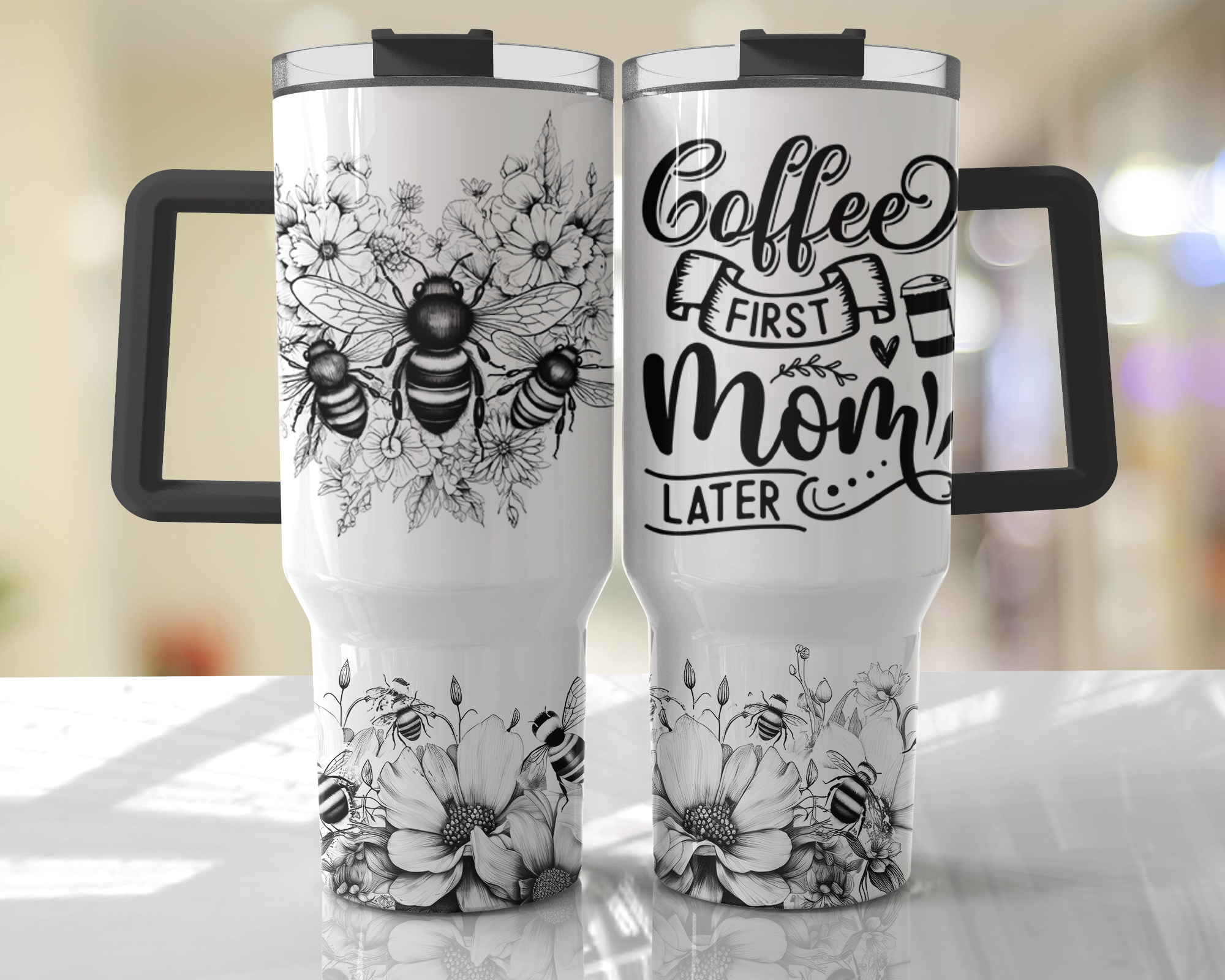 Coffee First, Mom Later Black & White Bee Design - 40oz Double Insulated Travel Mug with Handle