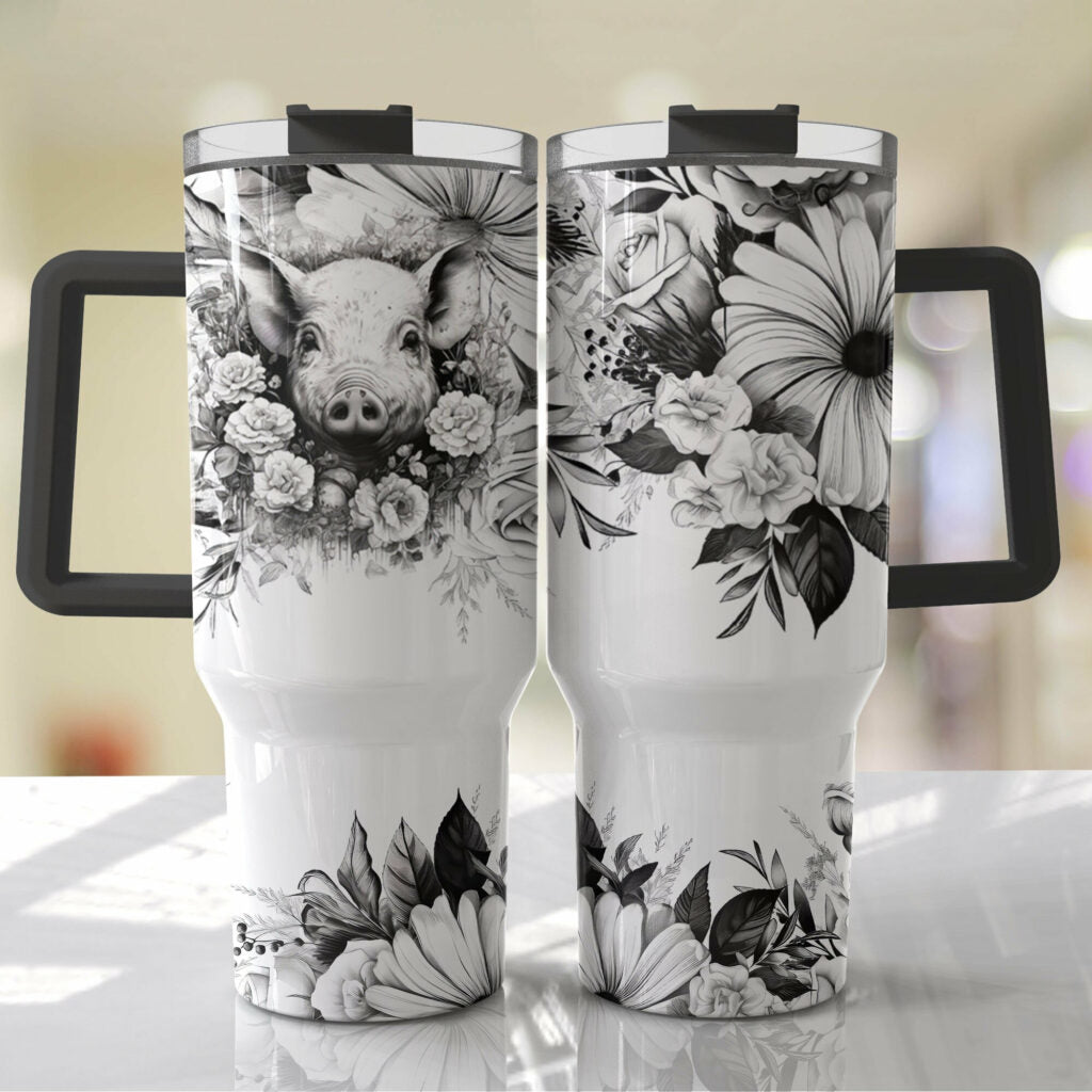 Black & White Pig Floral Design - 40oz Double Insulated Travel Mug with Handle