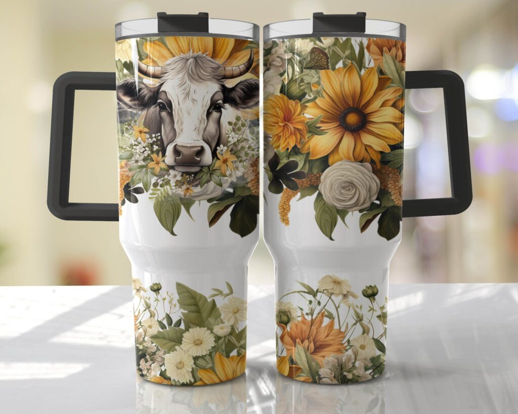 Colourful Floral Cow Design - 40oz Double Insulated Travel Mug with Handle