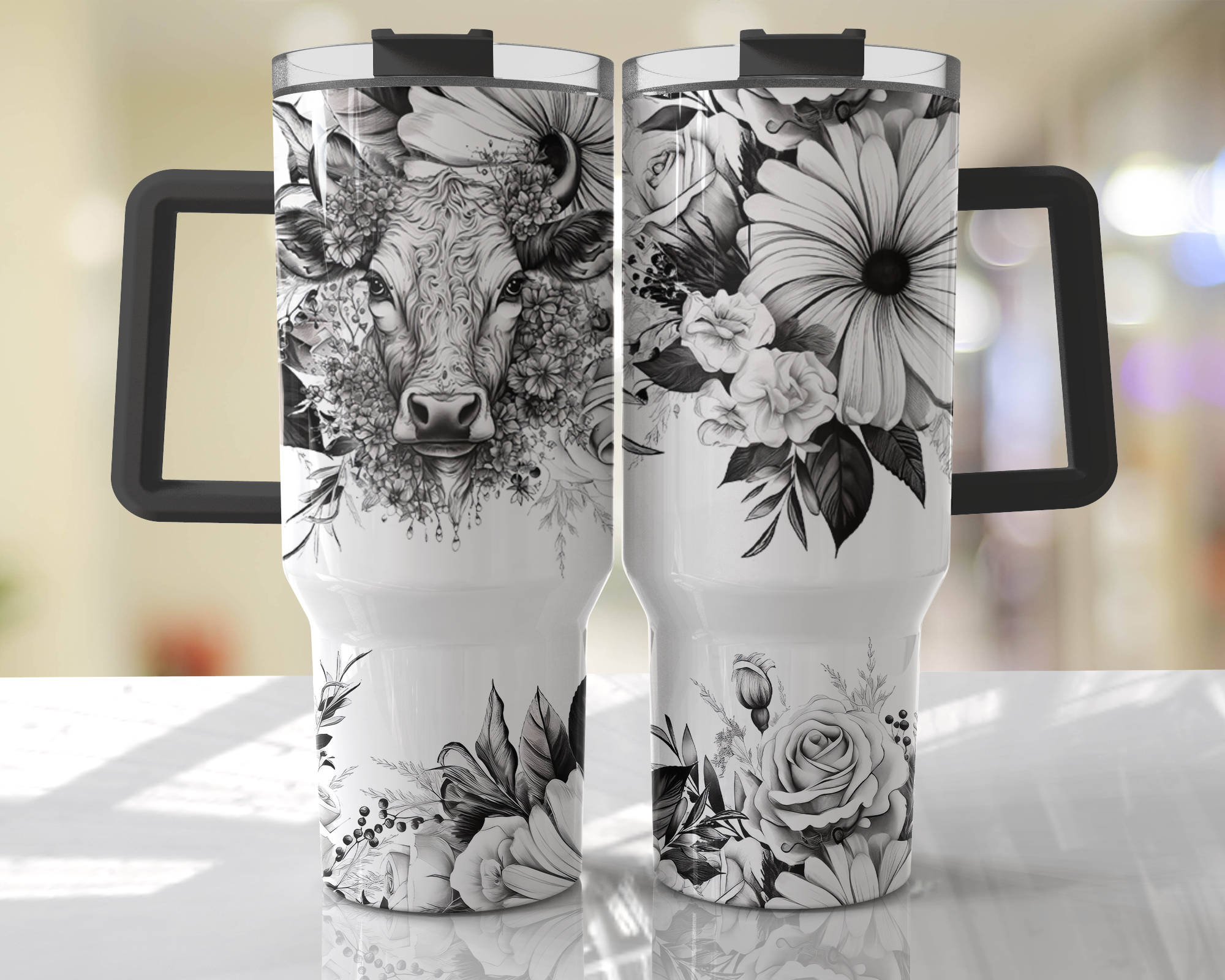 Black & White Cow Floral Design - 40oz Double Insulated Travel Mug with Handle