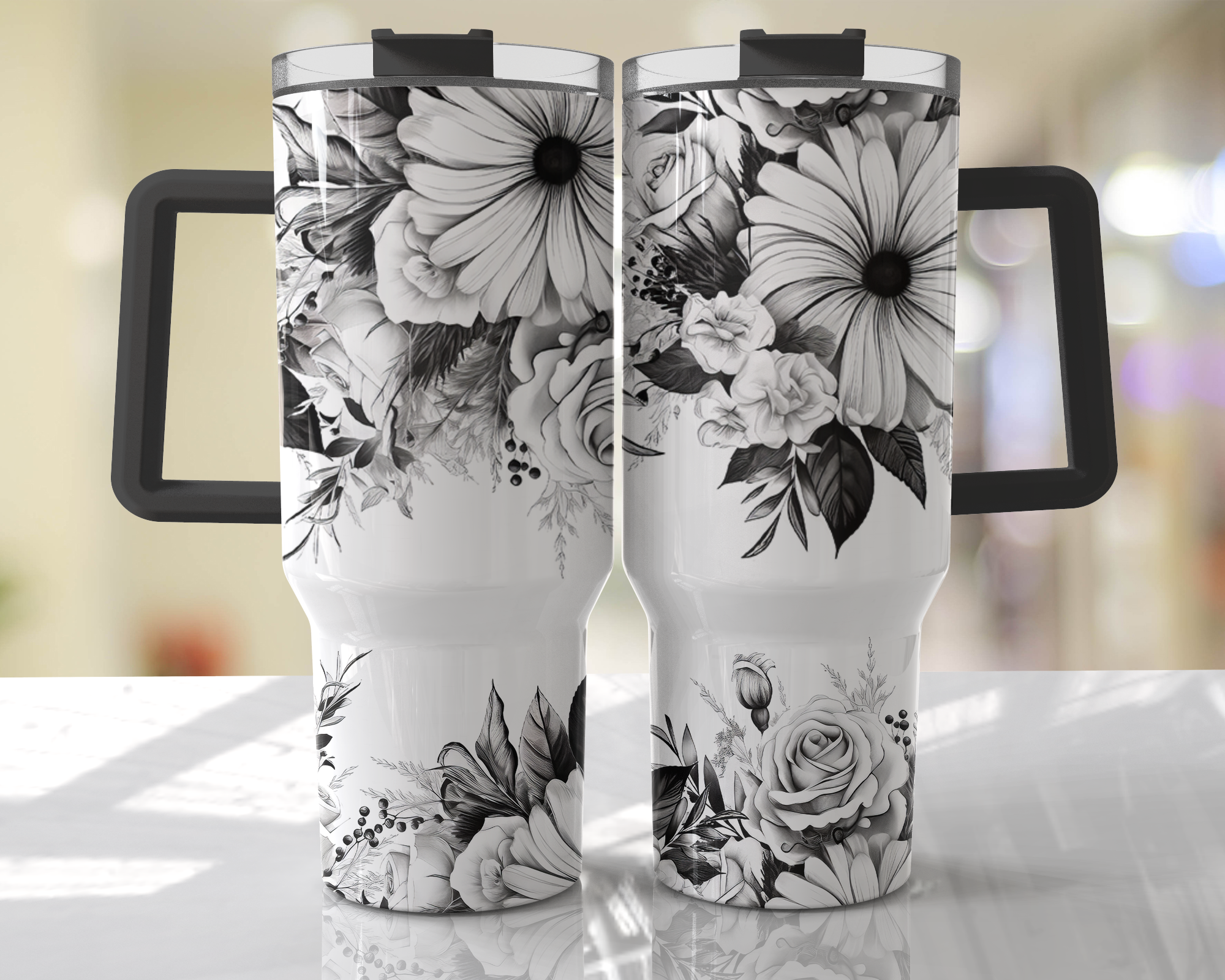 Black & White Floral Design - 40oz Double Insulated Travel Mug with Handle