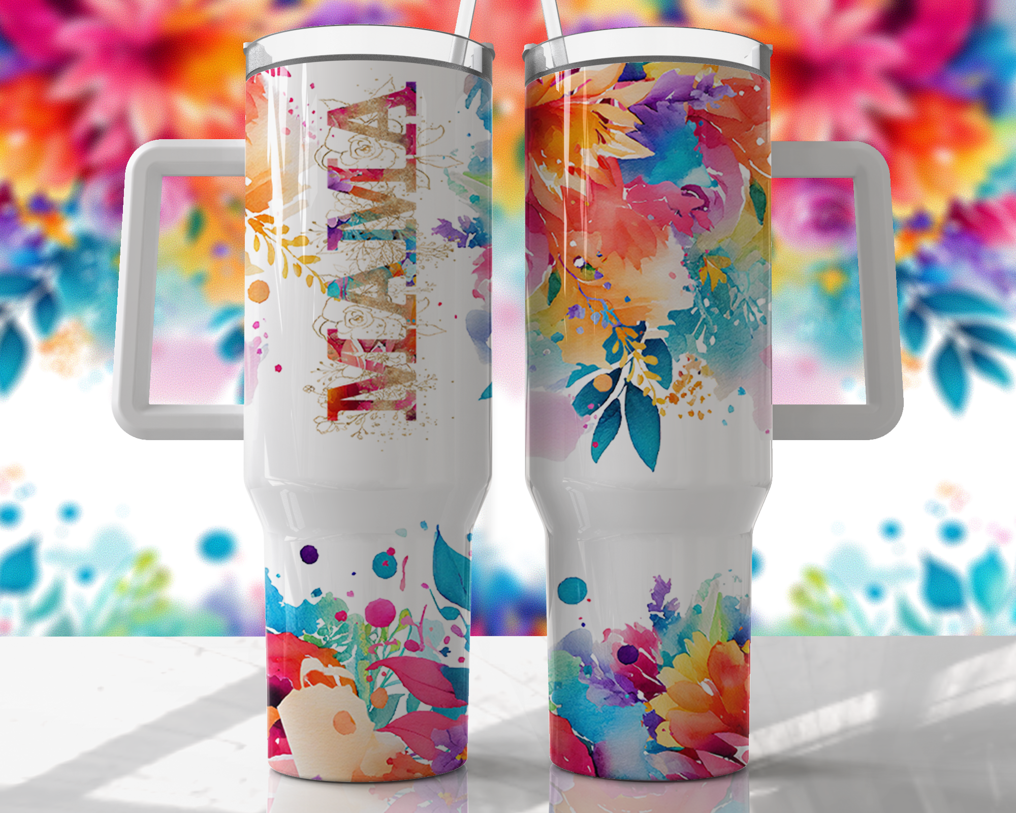 Mama Vivid Floral Design - 40oz Double Insulated Travel Mug with Handle