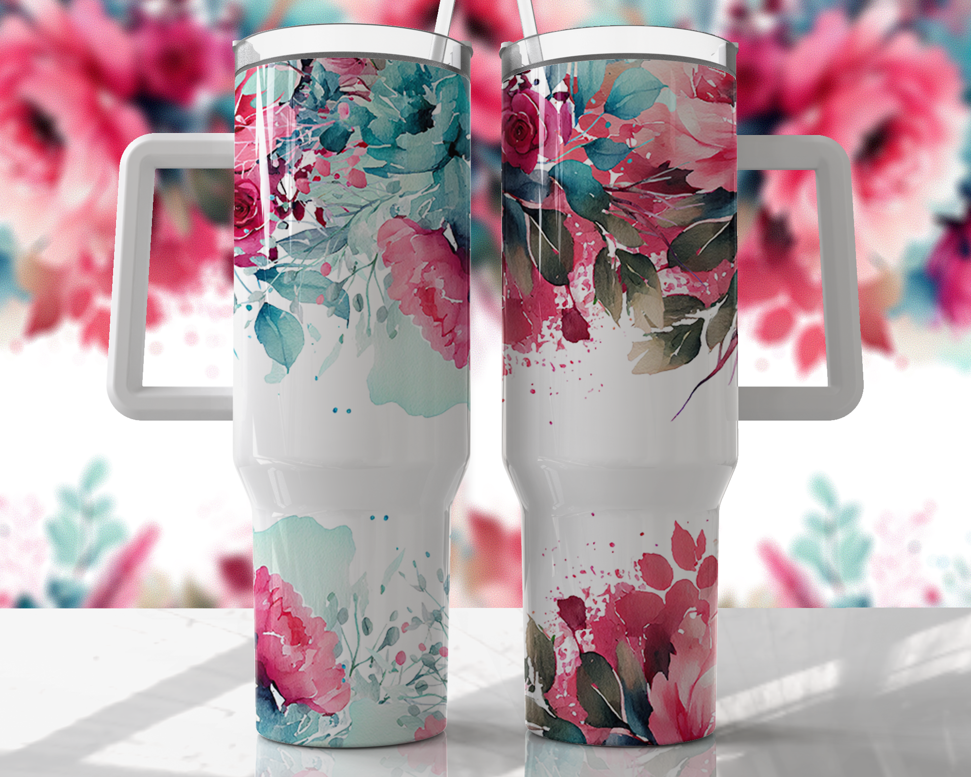 Pink & Blue Ink Floral Design - 40oz Double Insulated Travel Mug with Handle