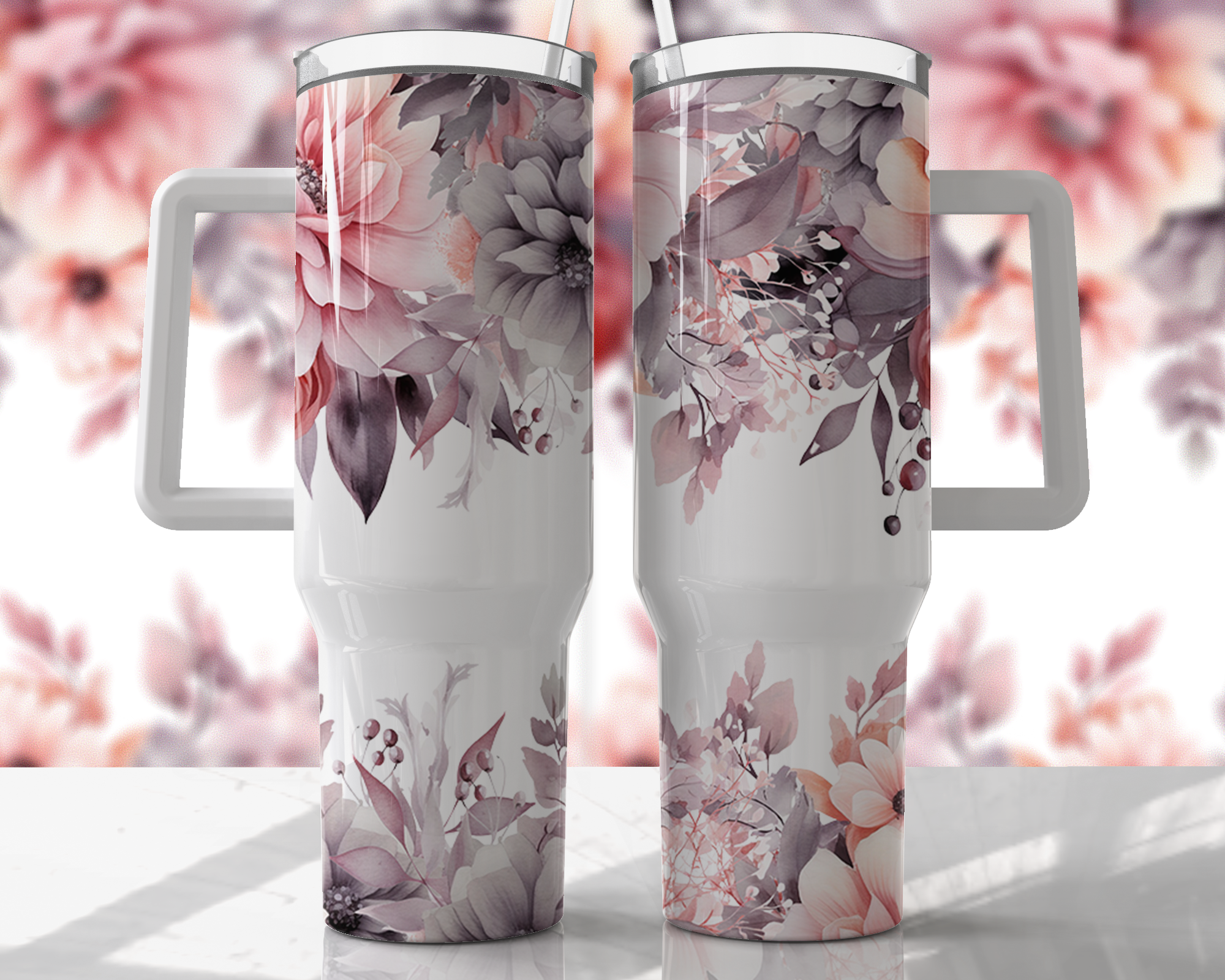 Grey & Dusty Pink Floral Design - 40oz Double Insulated Travel Mug with Handle