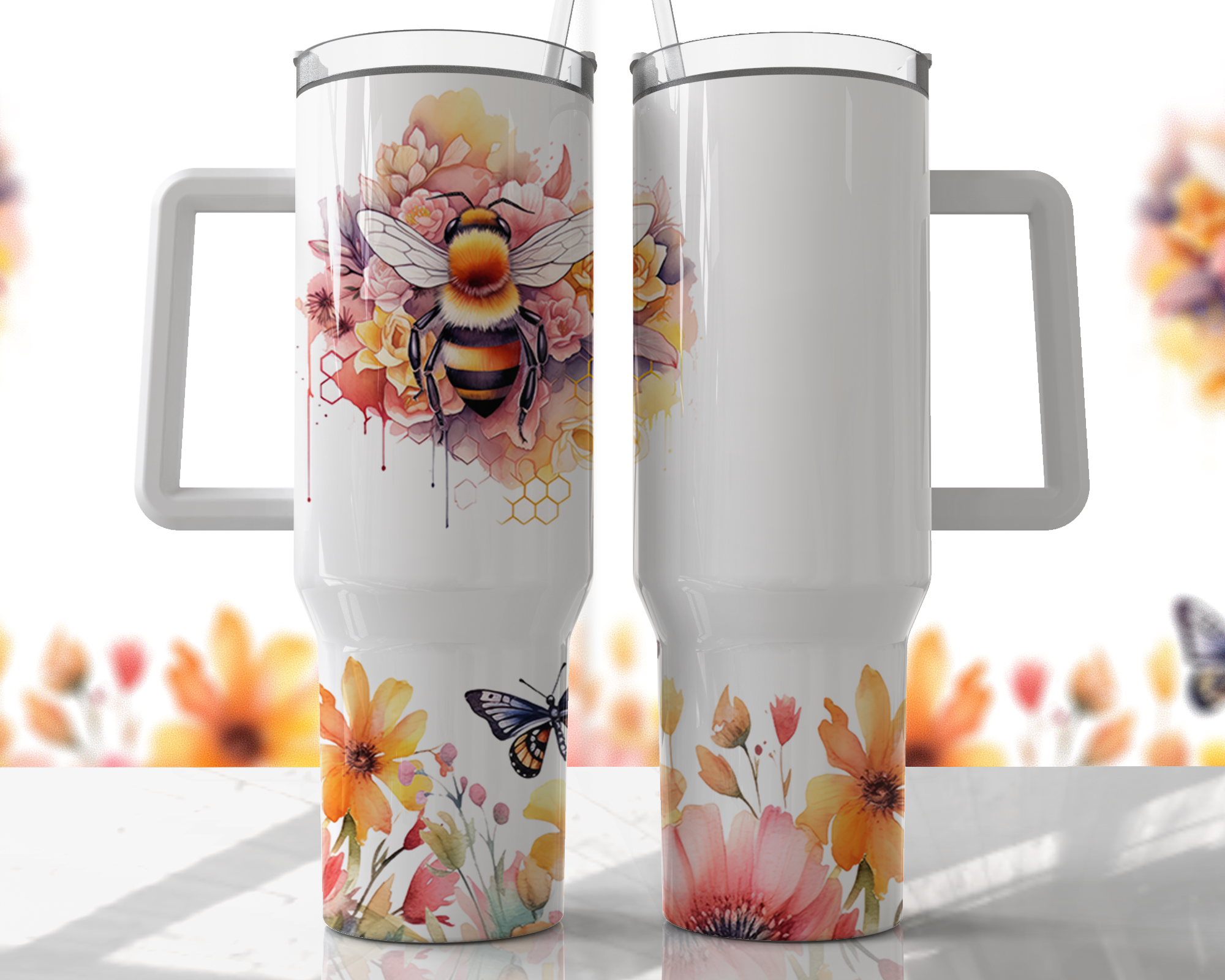 Bee Design Personalized with Name - 40oz Double Insulated Travel Mug with Handle