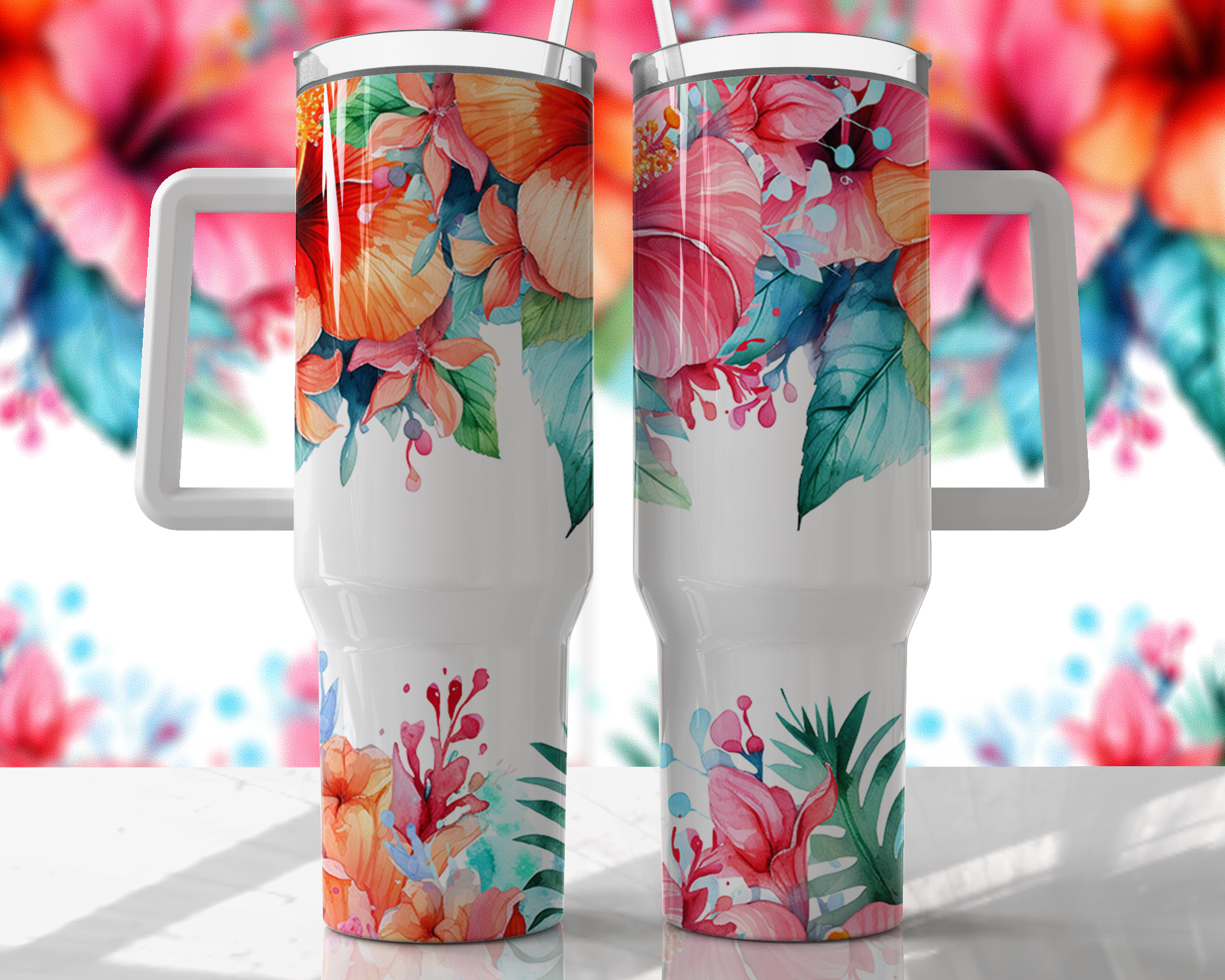 Bright Hibiscus Floral Design - 40oz Double Insulated Travel Mug with Handle