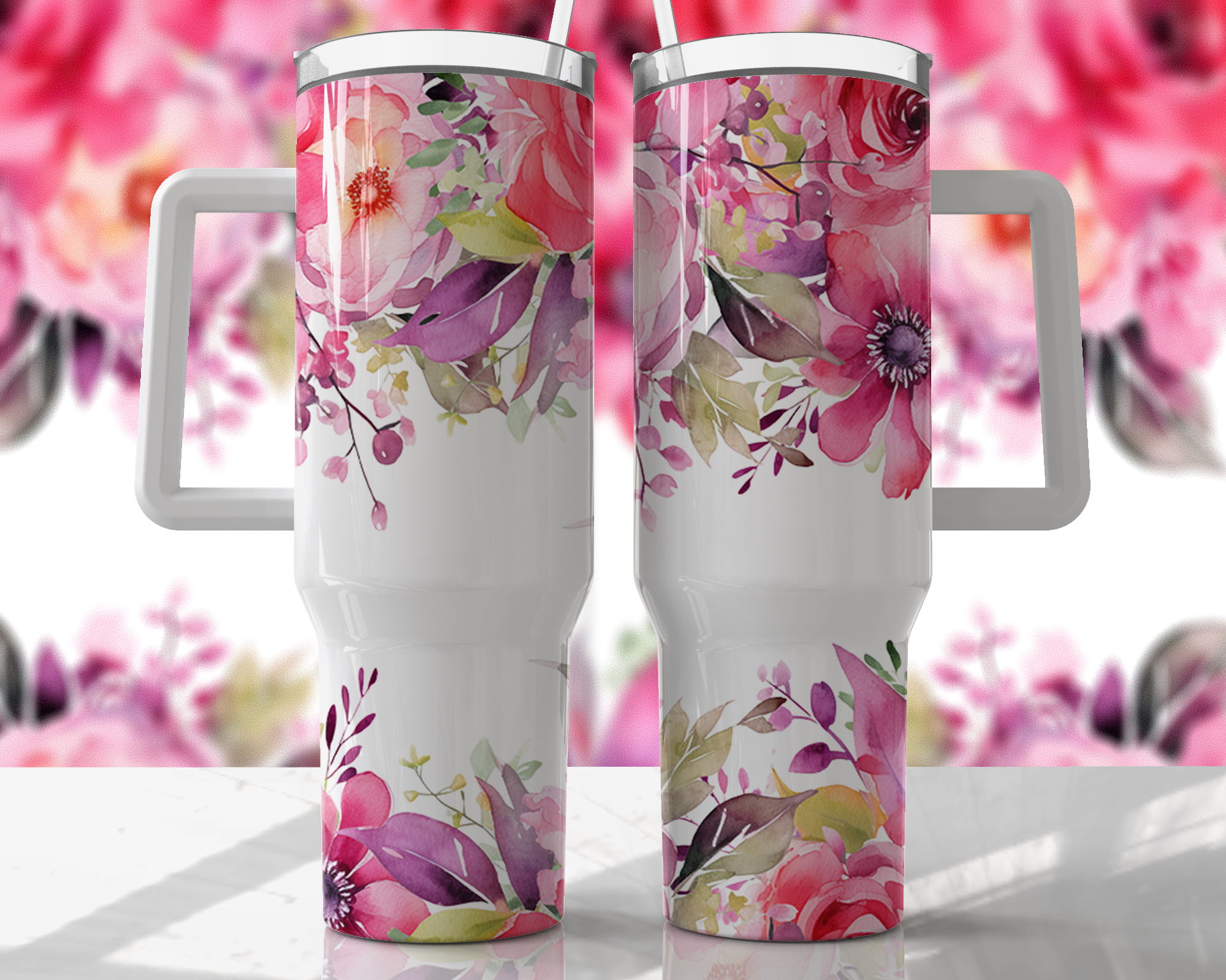 Bright Pink Floral Design - 40oz Double Insulated Travel Mug with Handle