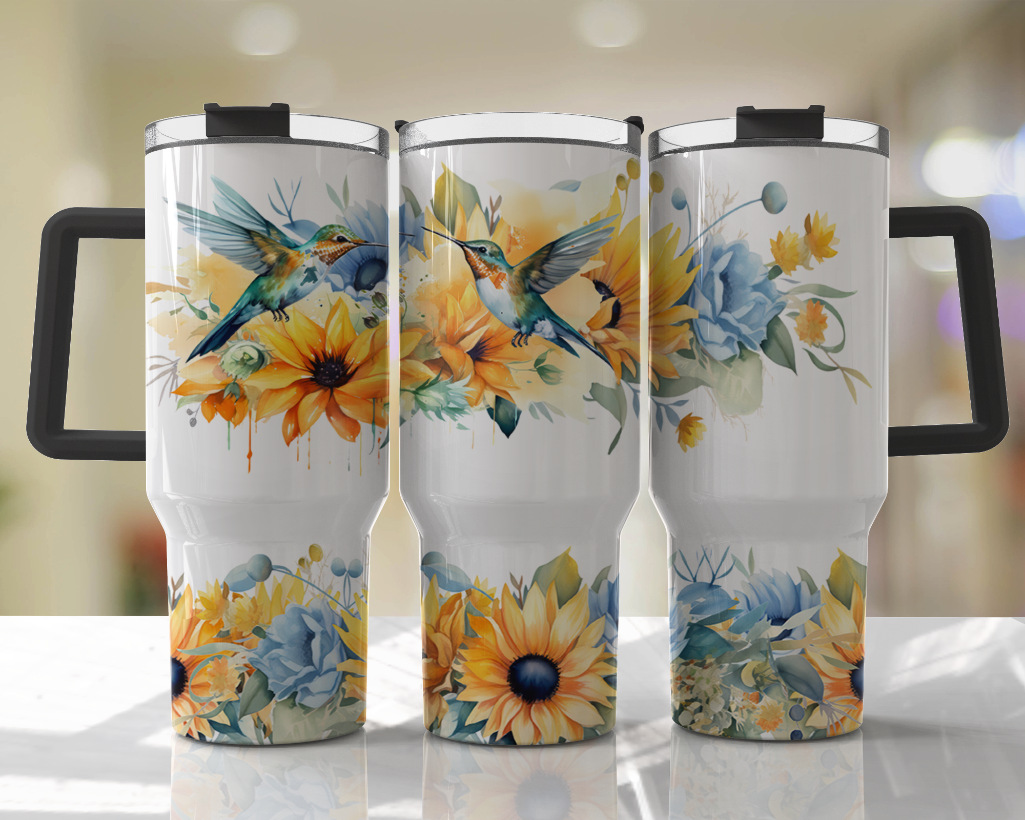 Hummingbird Floral Design - 40oz Double Insulated Travel Mug with Handle