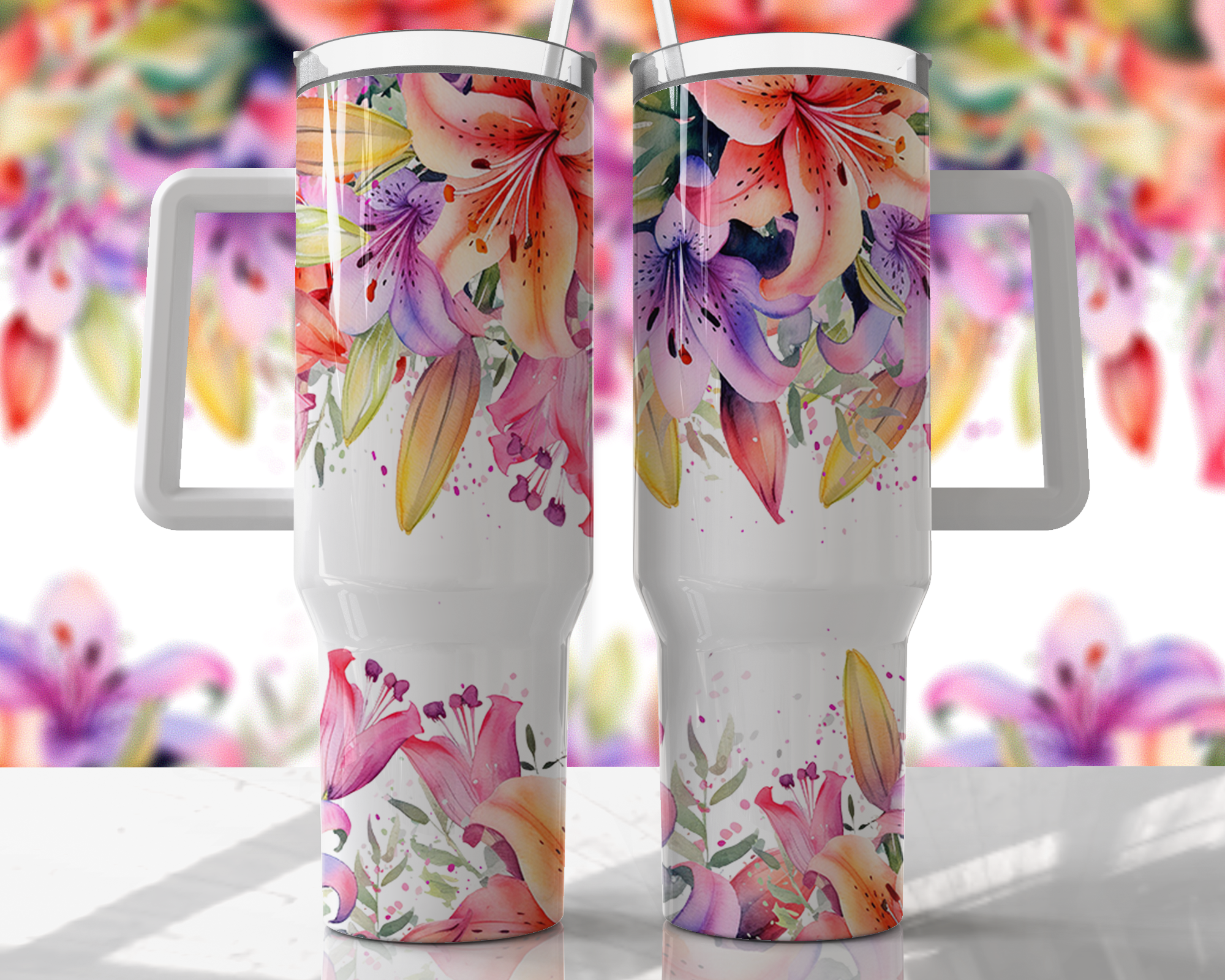 Bright Lilies Floral Design - 40oz Double Insulated Travel Mug with Handle