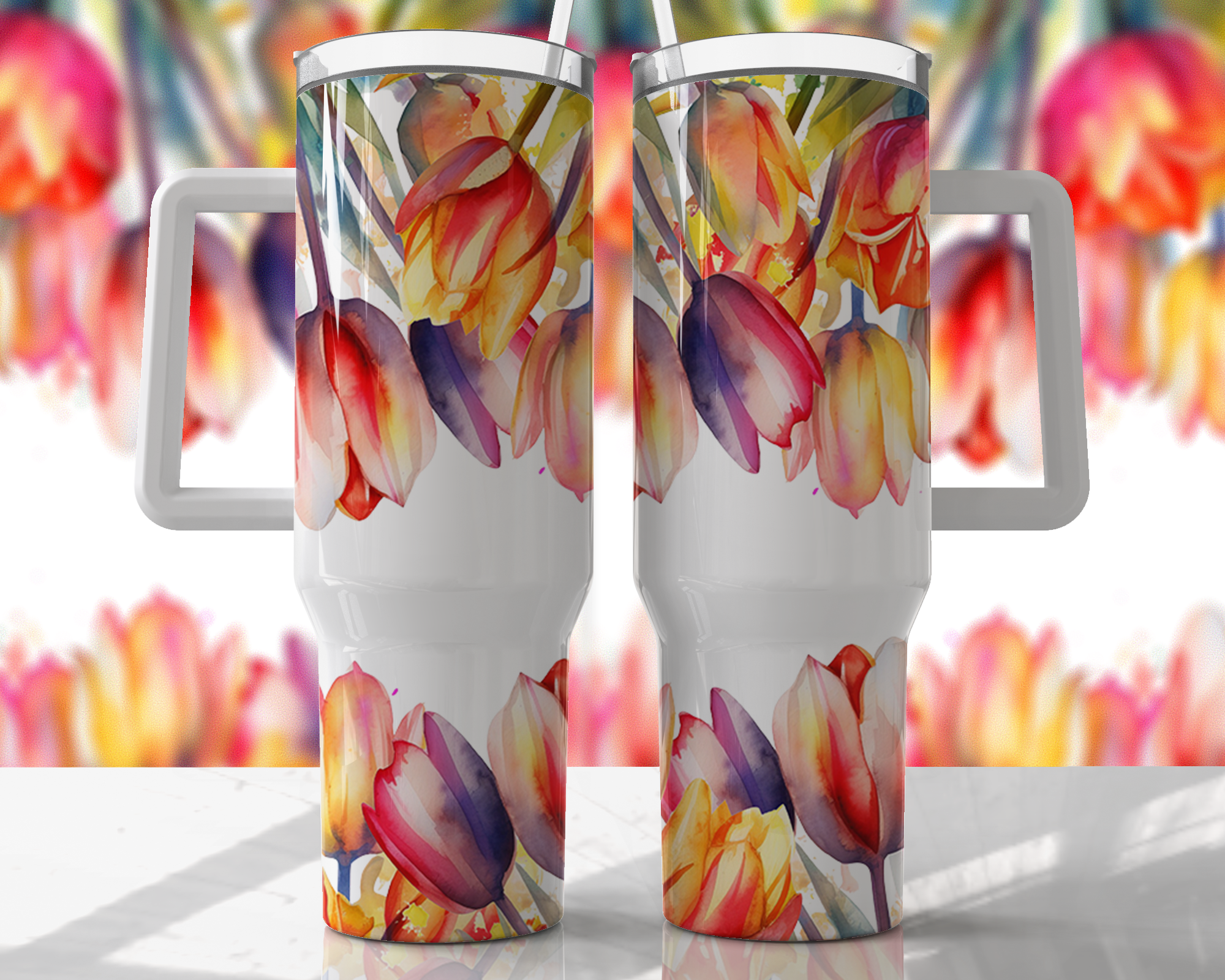 Bright Tulips Floral Design - 40oz Double Insulated Travel Mug with Handle