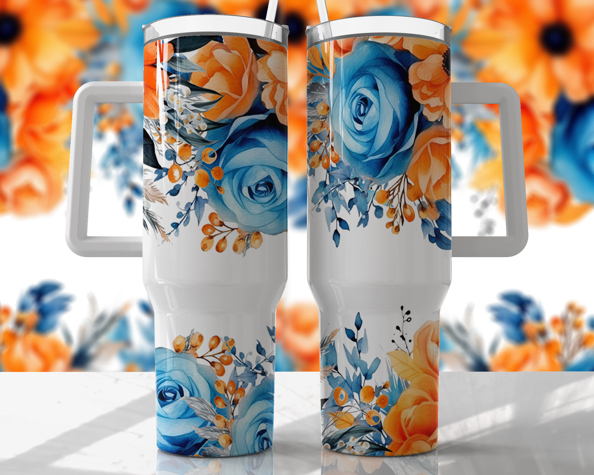 Orange & Blue Floral Design - 40oz Double Insulated Travel Mug with Handle